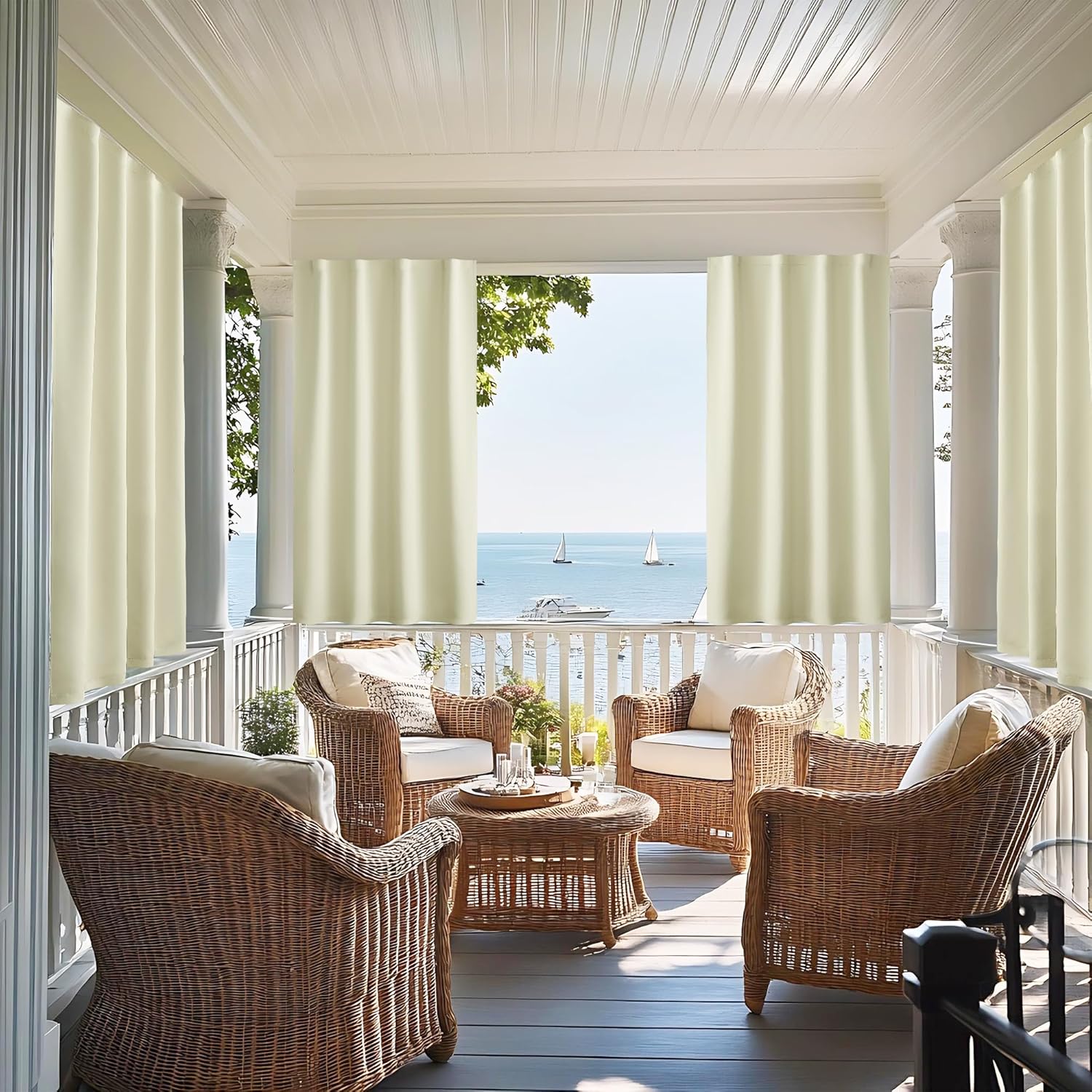 NICETOWN 100% Blackout Outdoor Curtains for Patio 2 Panels, Faux Linen Waterproof & Windproof Gazebo Curtains with Sticky-Back Top & Back Tab Bottom, Includes Straps, Rope, Screws, W52 xL96, Grey