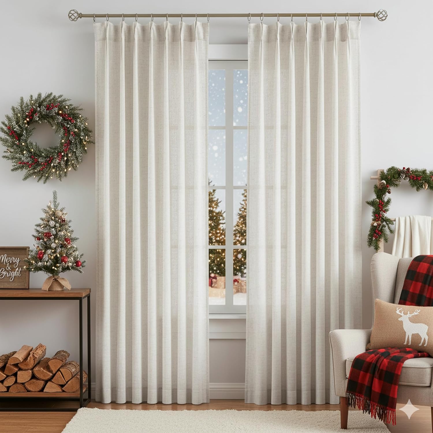 Vision Home Natural Pinch Pleated Semi Sheer Curtains Textured Linen Blended Light Filtering Window Curtains 84 inch for Living Room Bedroom Pinch Pleat Drapes with Hooks 2 Panels 42" Wx84 L