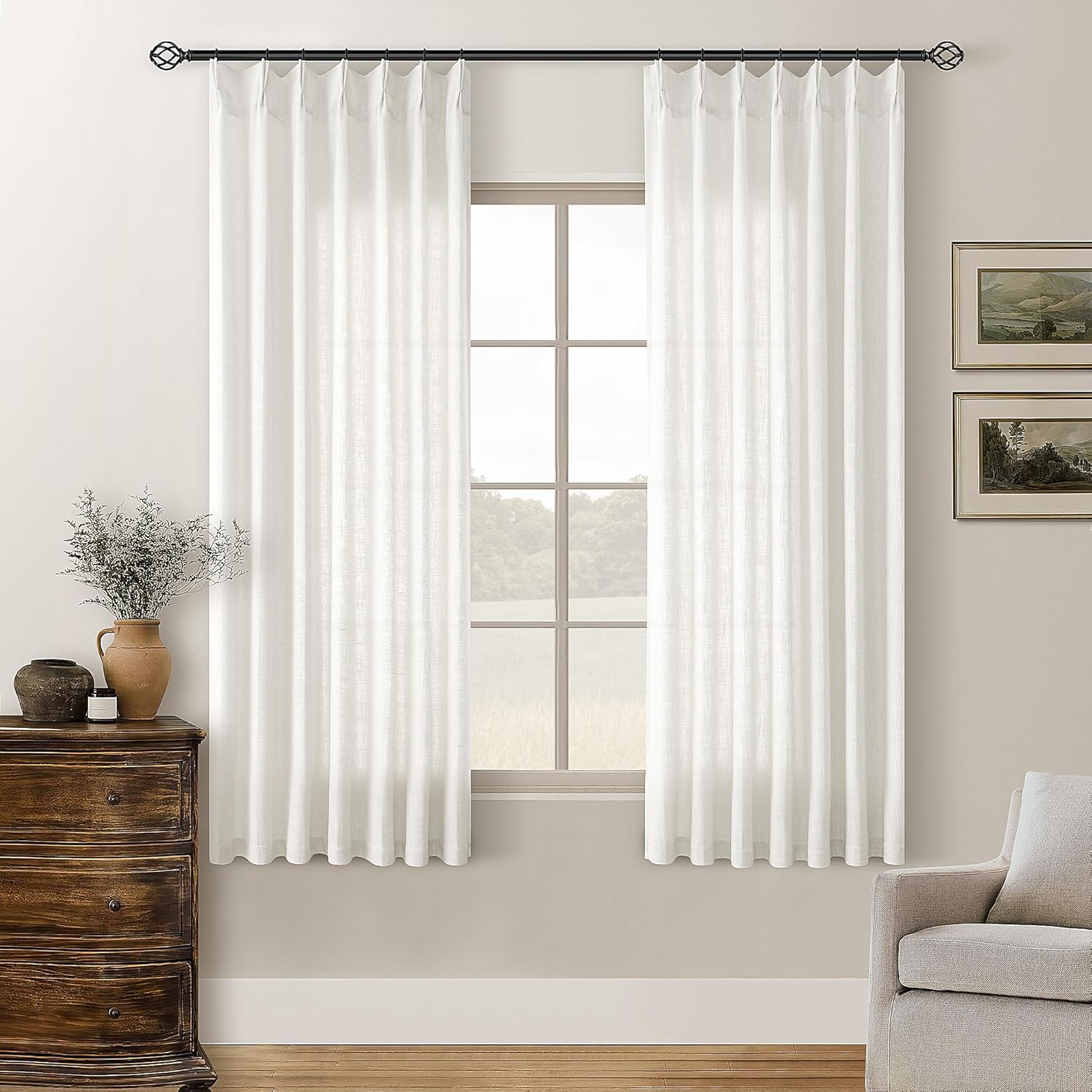 Natural Pinch Pleated Linen Curtains 84 Inch Length 2 Panels for Living Room Bedroom Textured Cream Ivory Birch Semi Sheer Boho Neutral Back Tab Pinch Pleat Hooks Rings Window Curtain 84 Inches Long