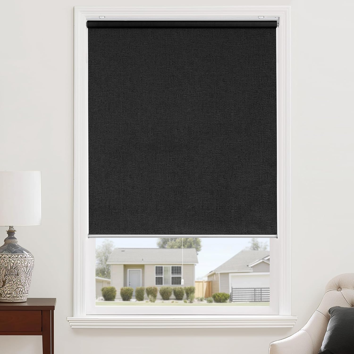 ChrisDowa Cordless 100% Blackout Roller Shade Thermal Insulated UV Protection with Striped Jacquard Fabric White Blackout Blinds for Indoor Window Shades Pull Down for Home and Office, 22" W x 72" H