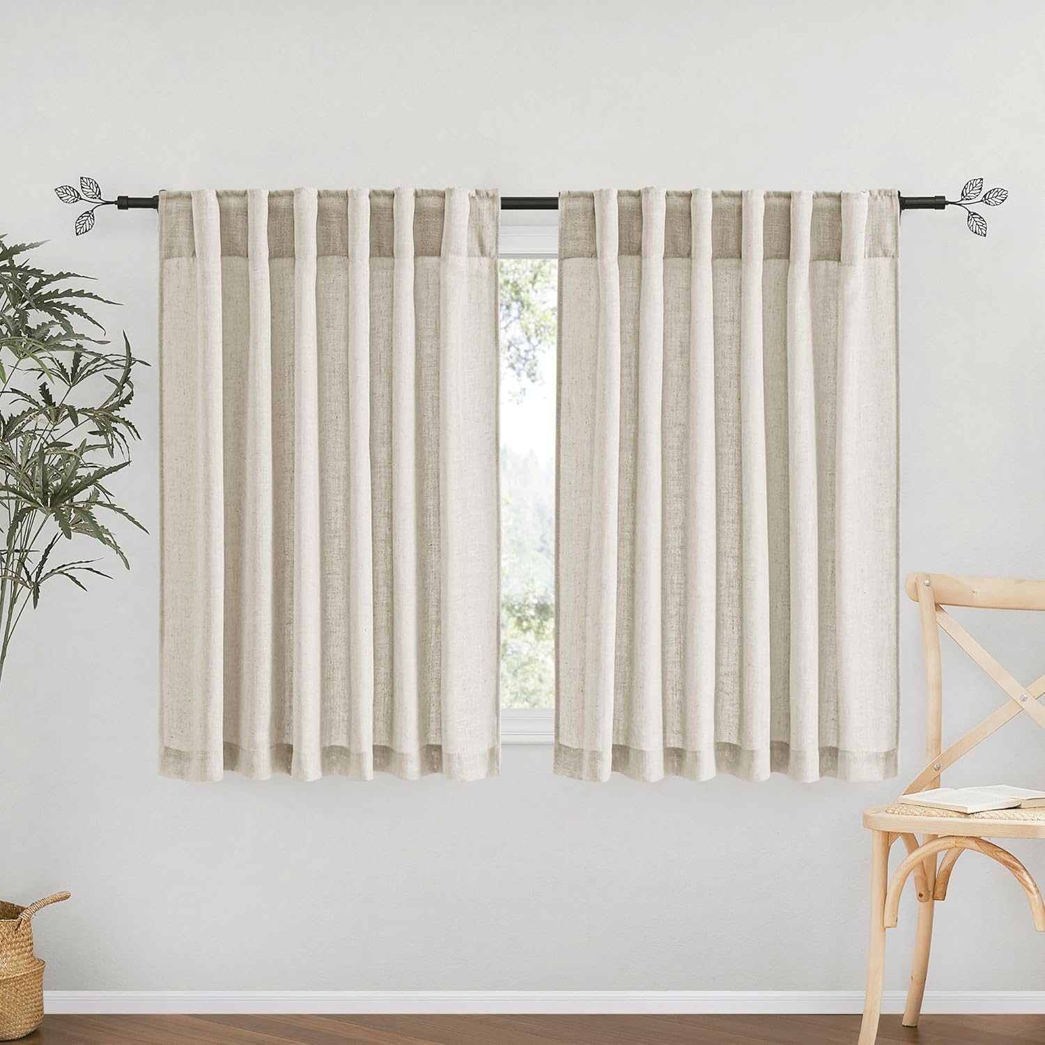 RYB HOME Linen Texture Sheer Curtains 84 inches, Rustic Style Solid Semi Sheer Half Privacy Drapes for Farmhouse Dorm Office Dining, Linen, W 70 x L 84 inches, Set of 2