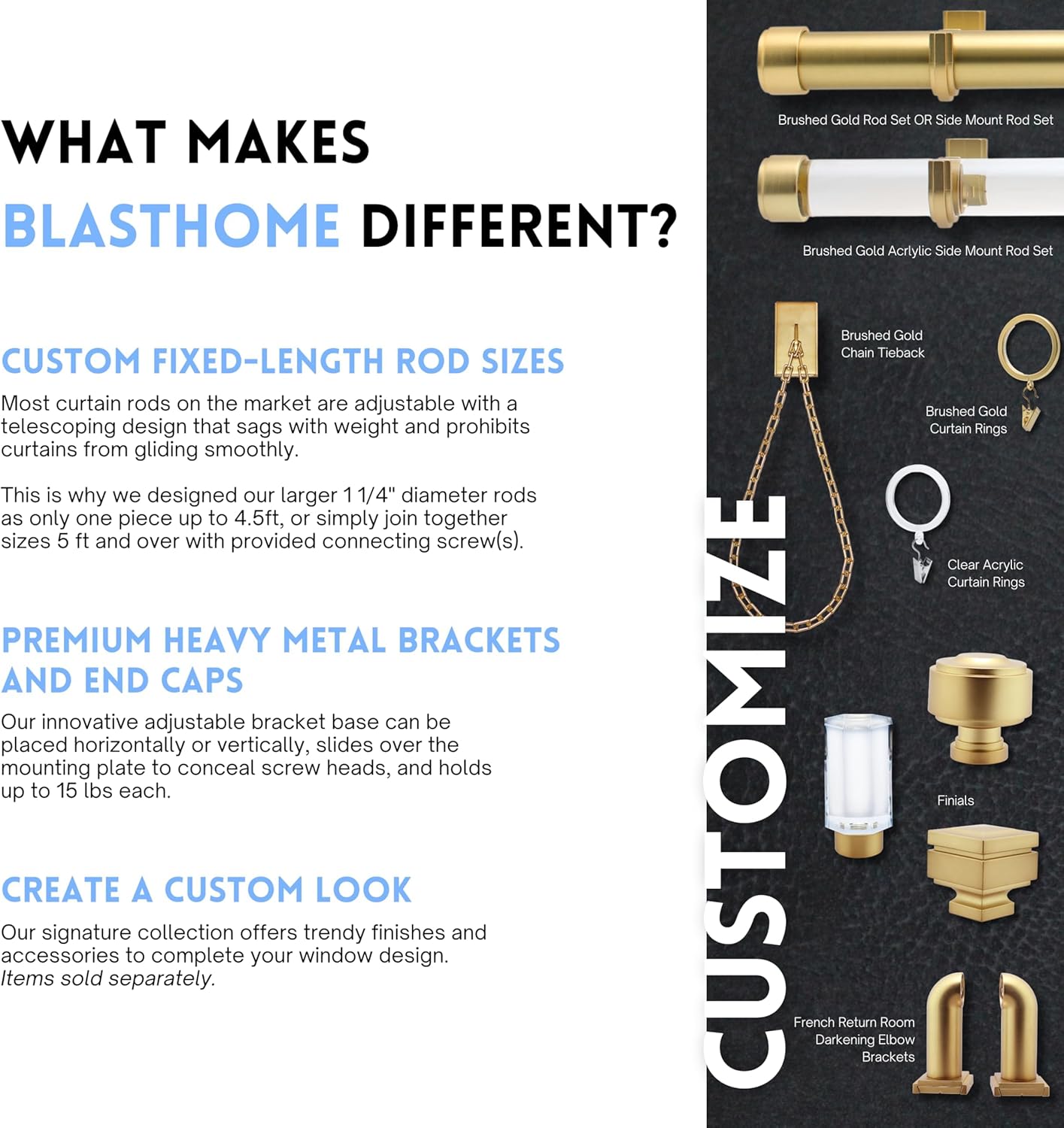 BlastHome® Luxury Curtain Rings - Premium Metal with Quiet, Smooth Nylon Inserts - Pinhooks and Clips Included - 1 1/2" Inside Diameter - 9 Rings for One Standard Curtain - Brushed Gold