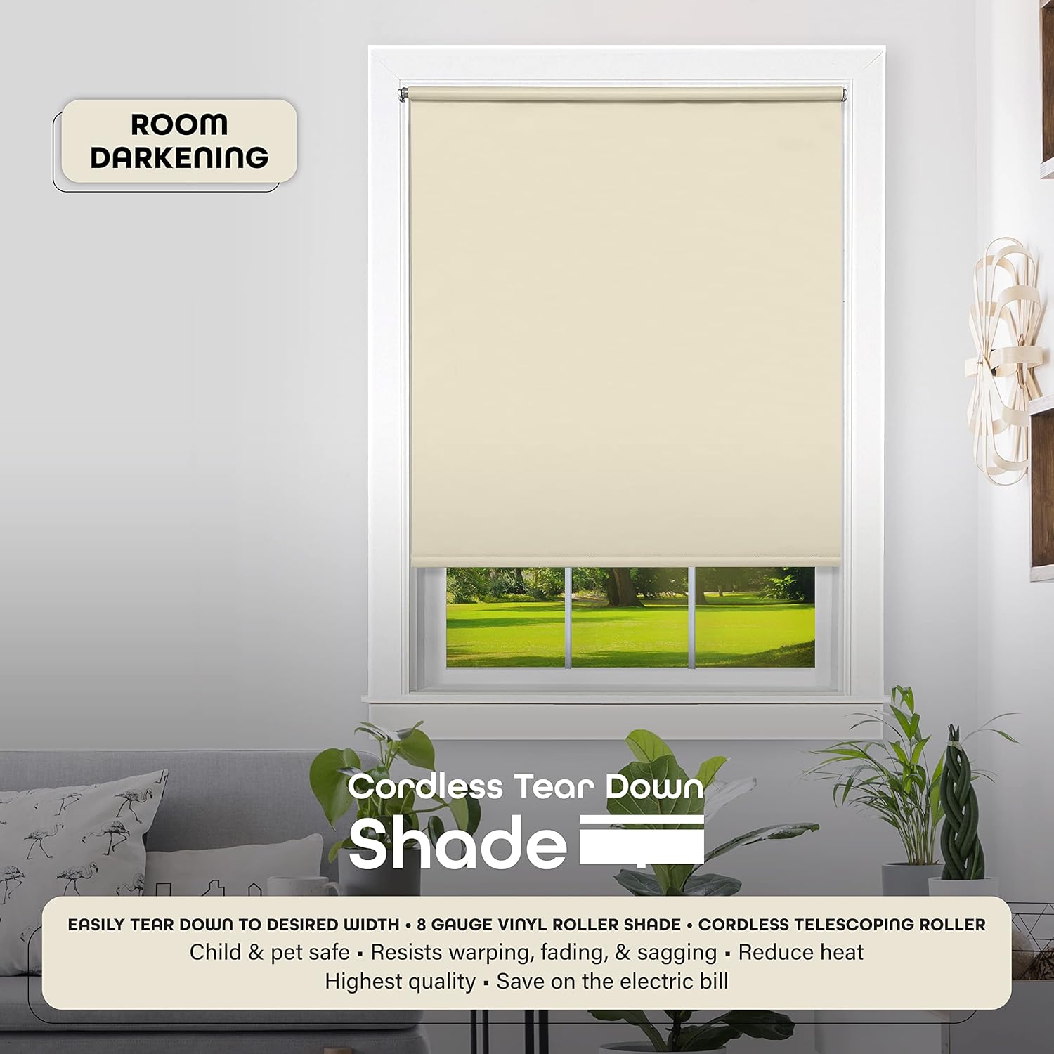 Cordless Tear Down Room Darkening Shade - 37 Inch Width, 72 Inch Length - Ivory - Cord-Free Customizable Light Filtering Horizontal Mini Vinyl Windows Blinds for Interior by Achim Home Decor