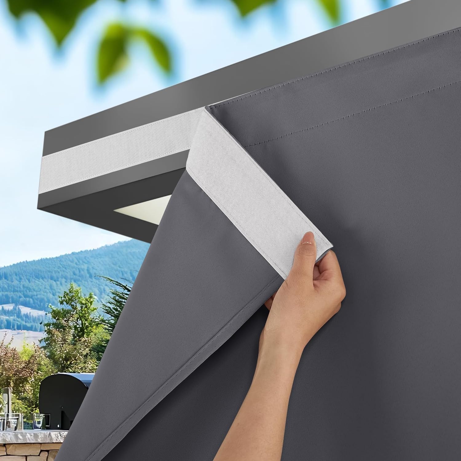 NICETOWN 100% Blackout Outdoor Curtains for Patio 2 Panels, Faux Linen Waterproof & Windproof Gazebo Curtains with Sticky-Back Top & Back Tab Bottom, Includes Straps, Rope, Screws, W52 xL96, Grey