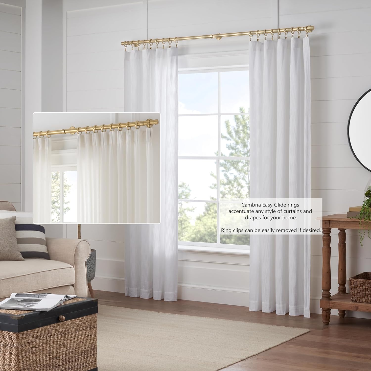 MODE Cambria Designer Series - Premium Easy Glide 18 Count Curtain Rings - Metal with Smooth, Quiet Nylon Inserts with Clips - 2 inch Diameter (1-5/8 inch Inside Diameter) - Brushed Gold