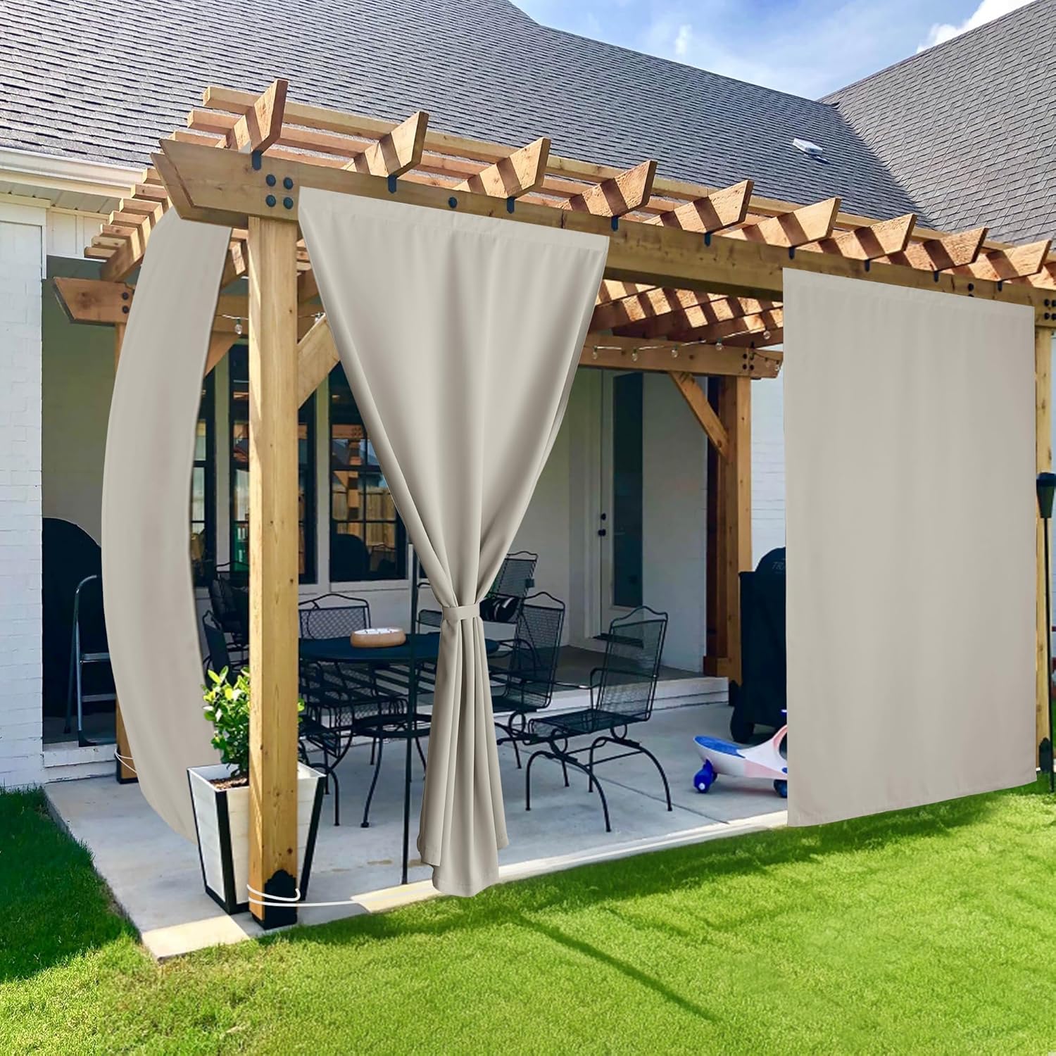 NICETOWN 100% Blackout Outdoor Curtains for Patio 2 Panels, Faux Linen Waterproof & Windproof Gazebo Curtains with Sticky-Back Top & Back Tab Bottom, Includes Straps, Rope, Screws, W52 xL96, Grey