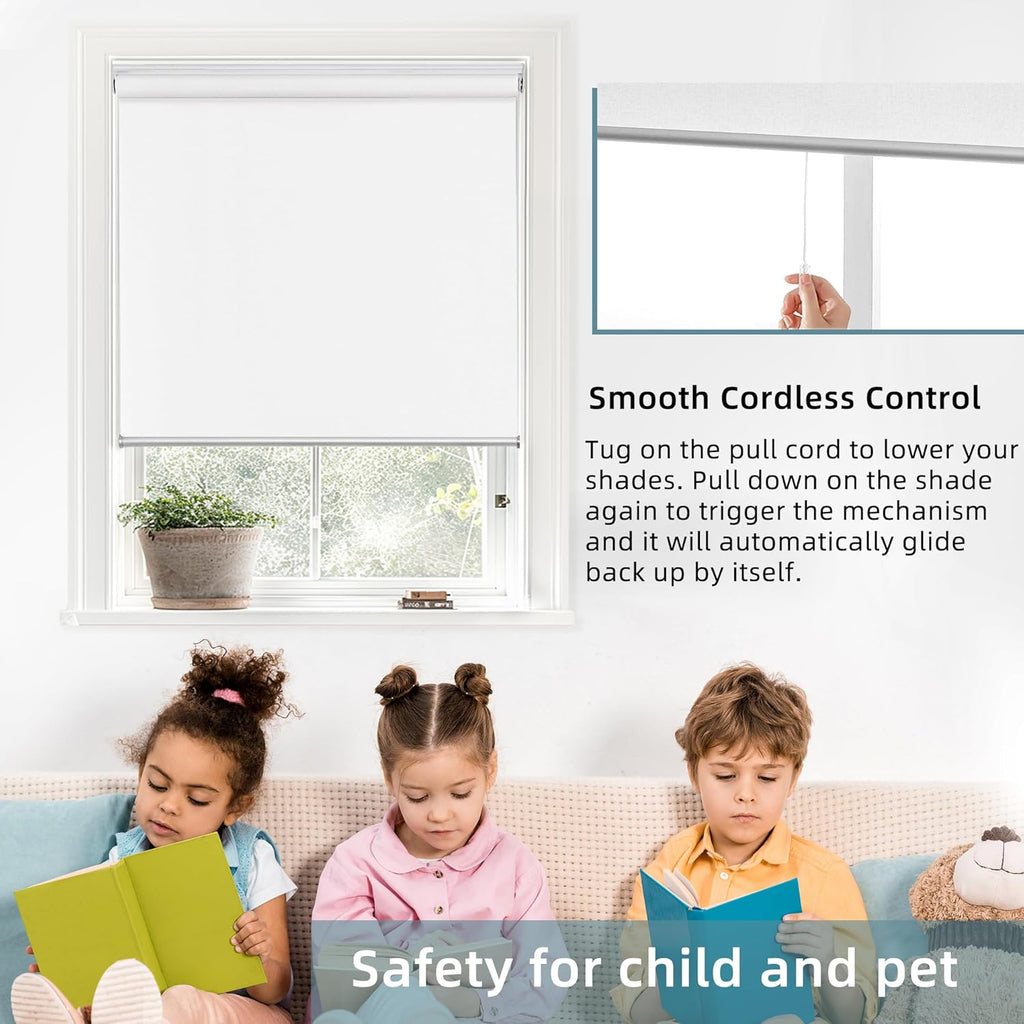 ChrisDowa Cordless 100% Blackout Roller Shade Thermal Insulated UV Protection with Striped Jacquard Fabric White Blackout Blinds for Indoor Window Shades Pull Down for Home and Office, 22" W x 72" H