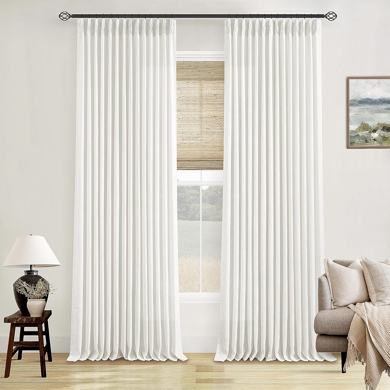 Natural Pinch Pleated Linen Curtains 84 Inch Length 2 Panels for Living Room Bedroom Textured Cream Ivory Birch Semi Sheer Boho Neutral Back Tab Pinch Pleat Hooks Rings Window Curtain 84 Inches Long