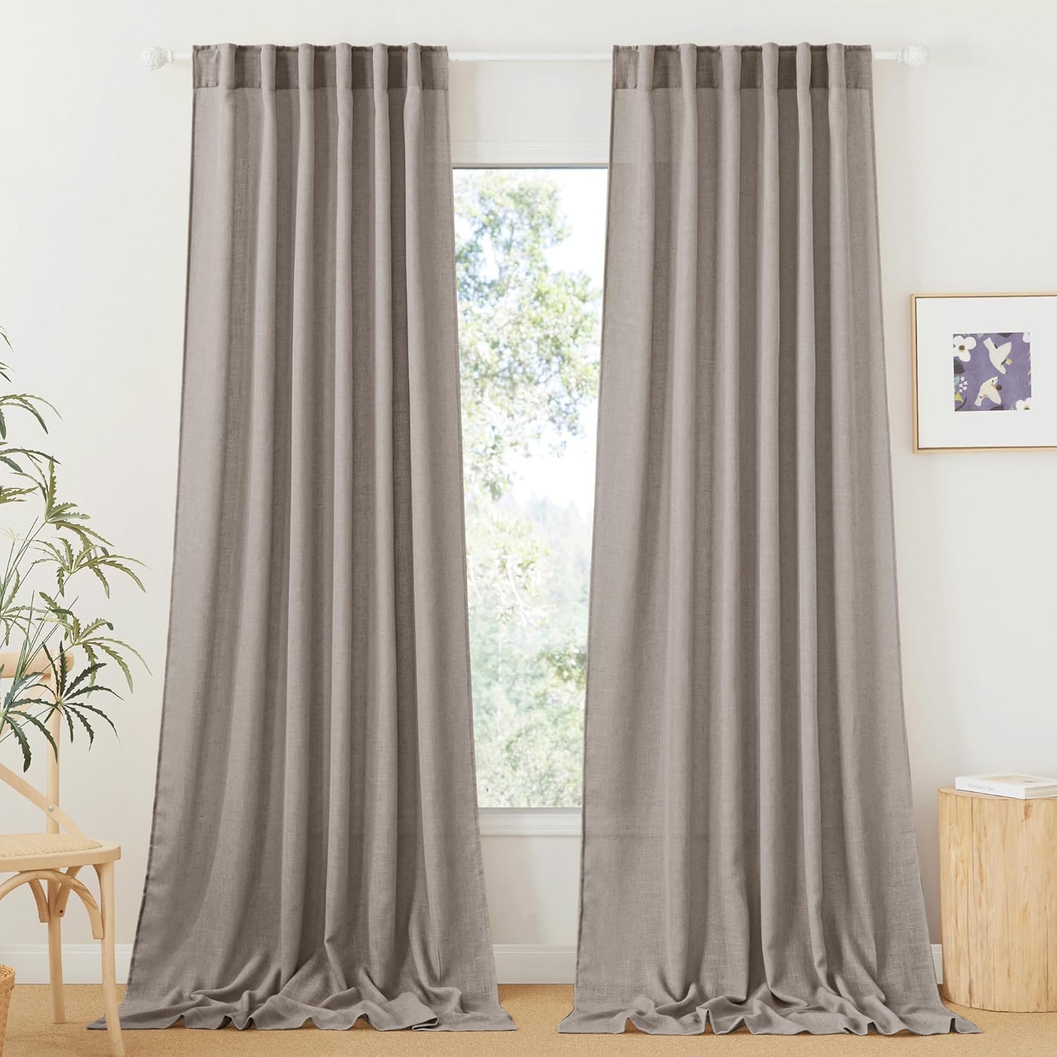 RYB HOME Linen Texture Sheer Curtains 84 inches, Rustic Style Solid Semi Sheer Half Privacy Drapes for Farmhouse Dorm Office Dining, Linen, W 70 x L 84 inches, Set of 2