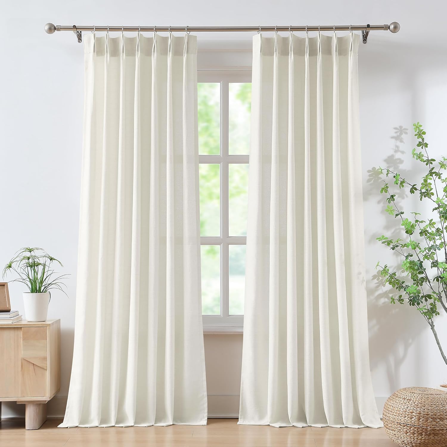 FMFUNCTEX Linen Sheer Pinch Pleated Curtains for Living Room, Linen Flax Beige 96 Inches Long Sheer Curtain Panels for Bedroom, Natural Back Tab Window Drapes for Farmhouse, Rod Pocket 2 Panels