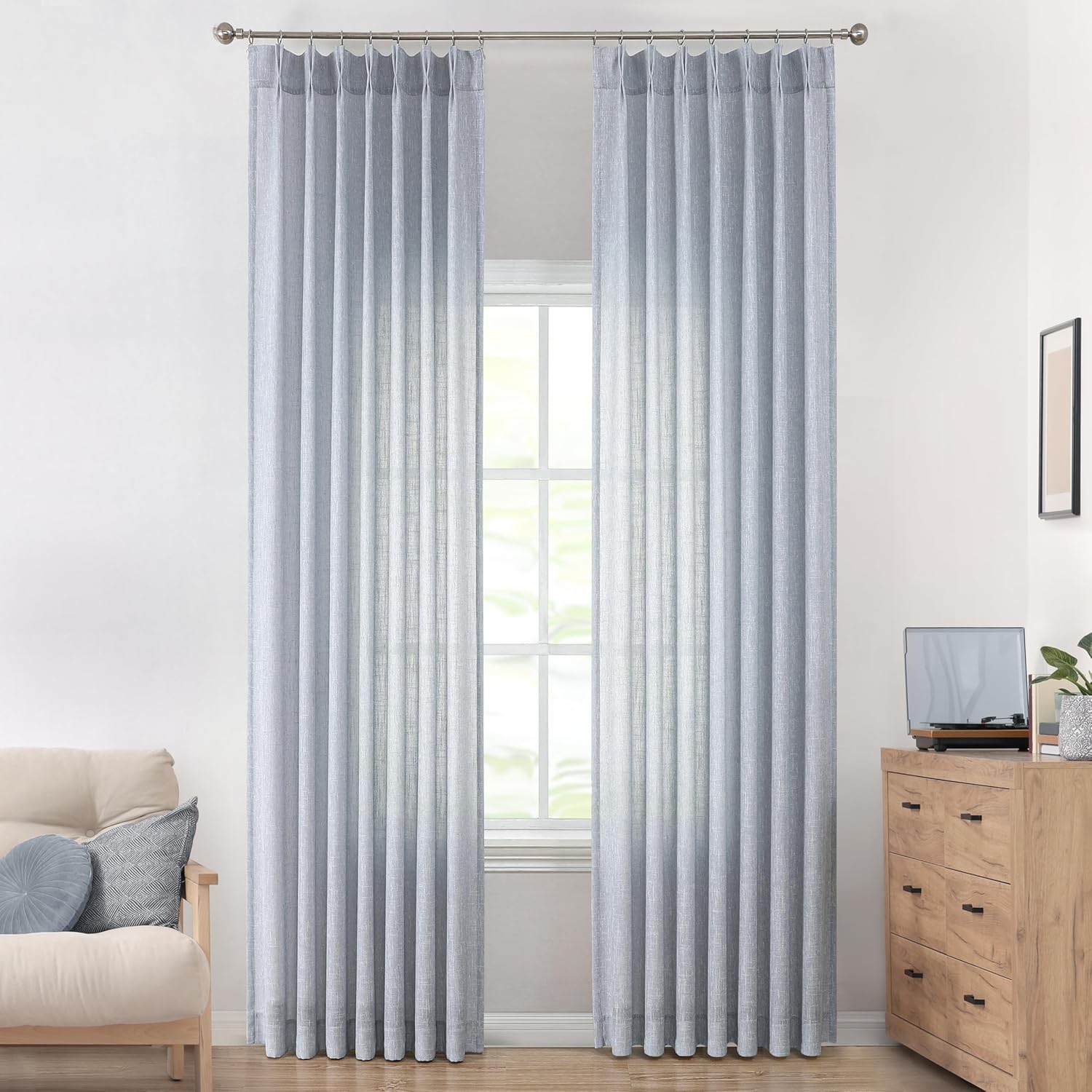 Vision Home Natural Pinch Pleated Semi Sheer Curtains Textured Linen Blended Light Filtering Window Curtains 84 inch for Living Room Bedroom Pinch Pleat Drapes with Hooks 2 Panels 42" Wx84 L