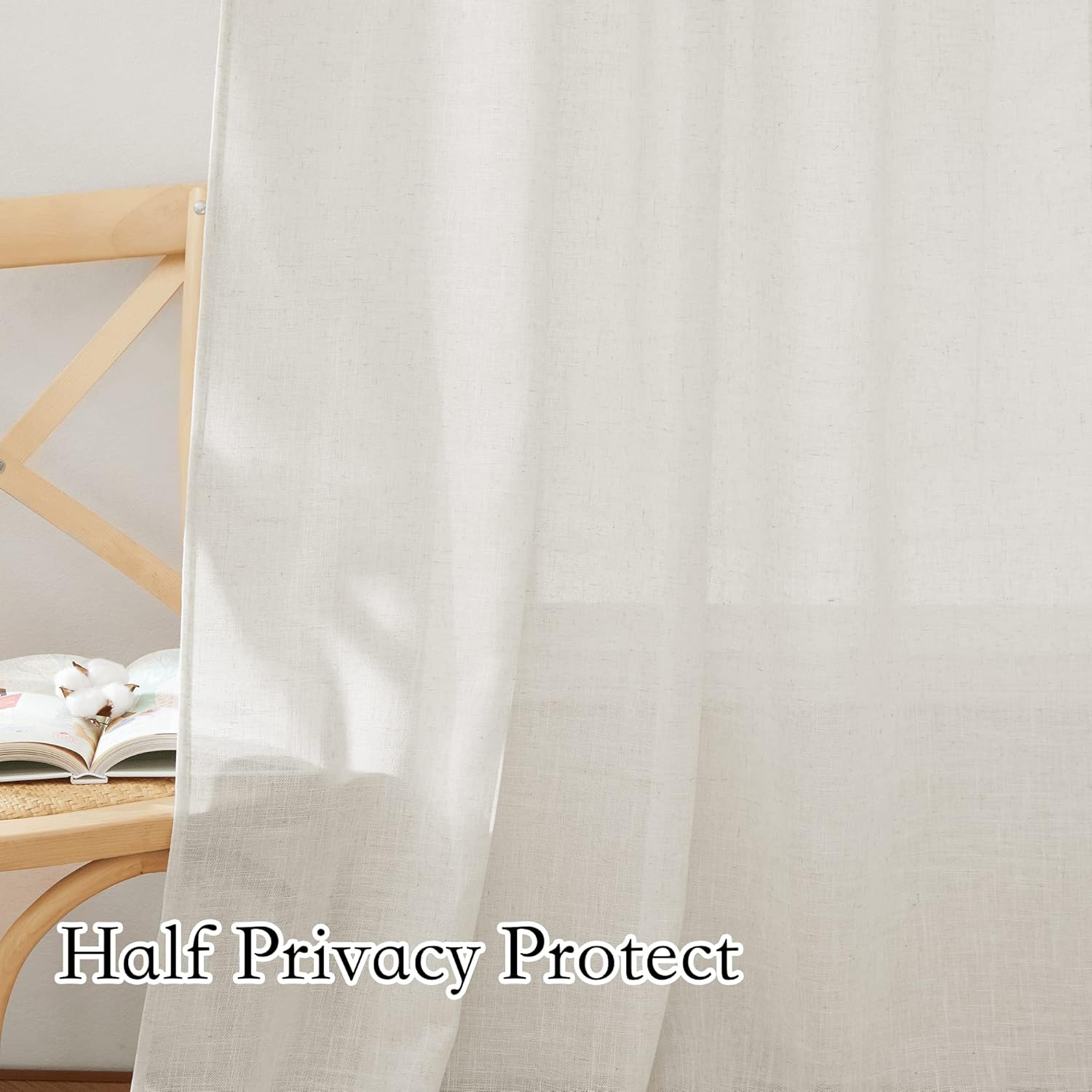 RYB HOME Linen Texture Sheer Curtains 84 inches, Rustic Style Solid Semi Sheer Half Privacy Drapes for Farmhouse Dorm Office Dining, Linen, W 70 x L 84 inches, Set of 2