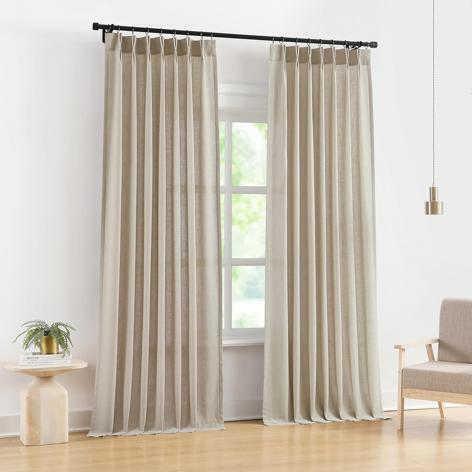 Vision Home Natural Pinch Pleated Semi Sheer Curtains Textured Linen Blended Light Filtering Window Curtains 84 inch for Living Room Bedroom Pinch Pleat Drapes with Hooks 2 Panels 42" Wx84 L