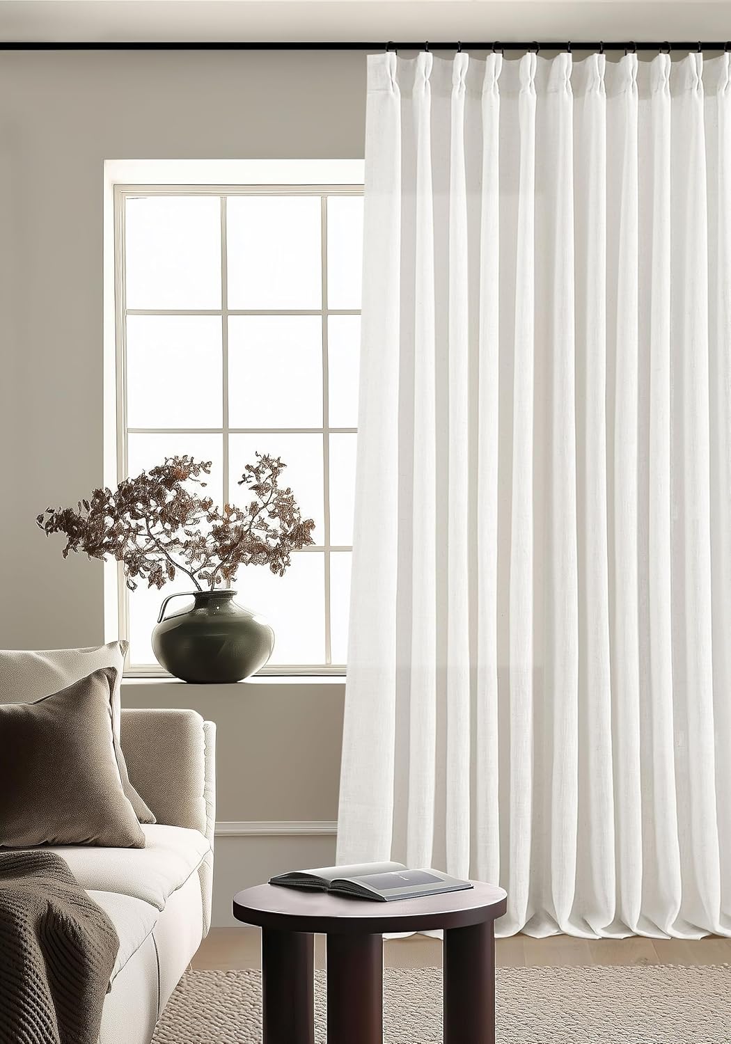 Natural Pinch Pleated Linen Curtains 84 Inch Length 2 Panels for Living Room Bedroom Textured Cream Ivory Birch Semi Sheer Boho Neutral Back Tab Pinch Pleat Hooks Rings Window Curtain 84 Inches Long