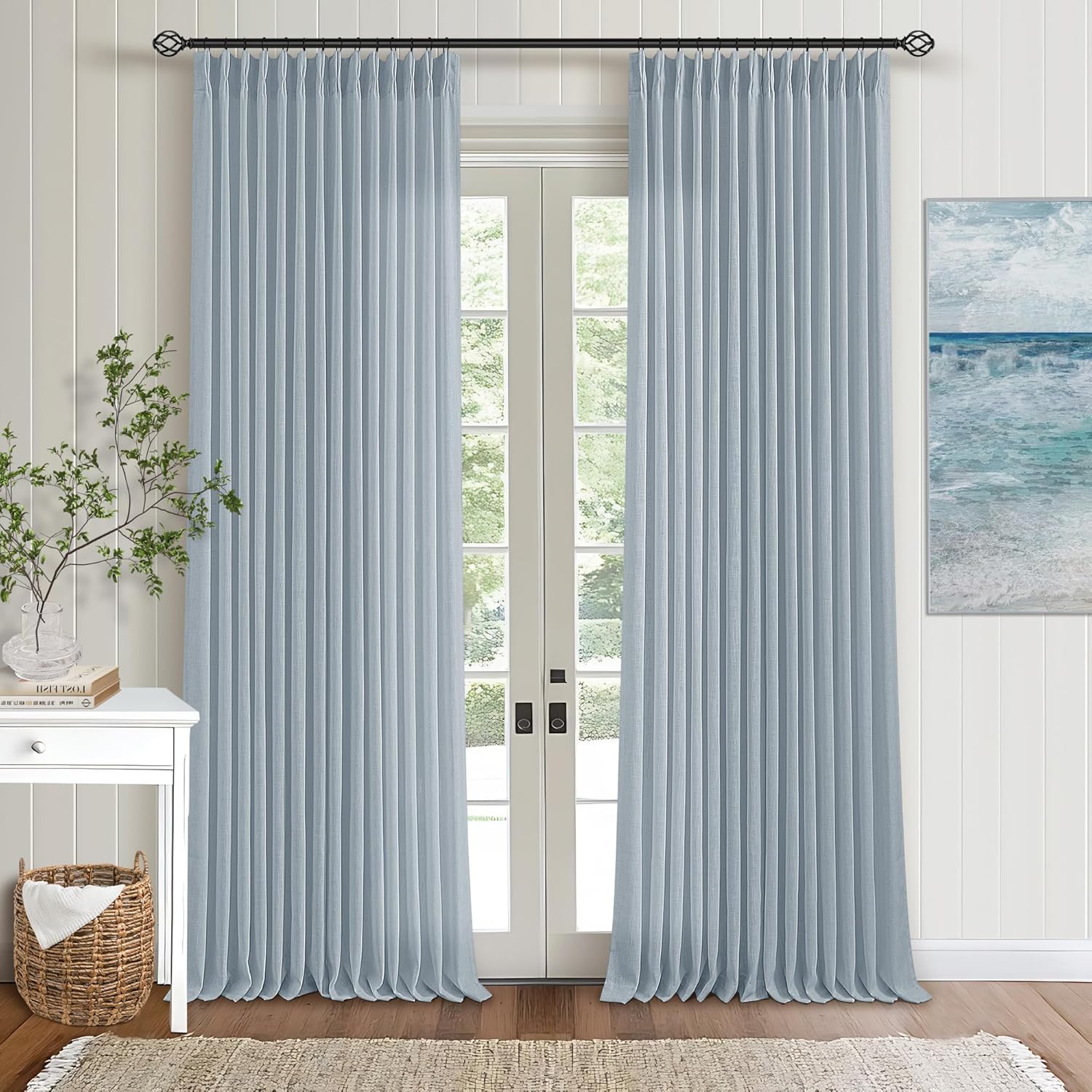 Natural Pinch Pleated Linen Curtains 84 Inch Length 2 Panels for Living Room Bedroom Textured Cream Ivory Birch Semi Sheer Boho Neutral Back Tab Pinch Pleat Hooks Rings Window Curtain 84 Inches Long