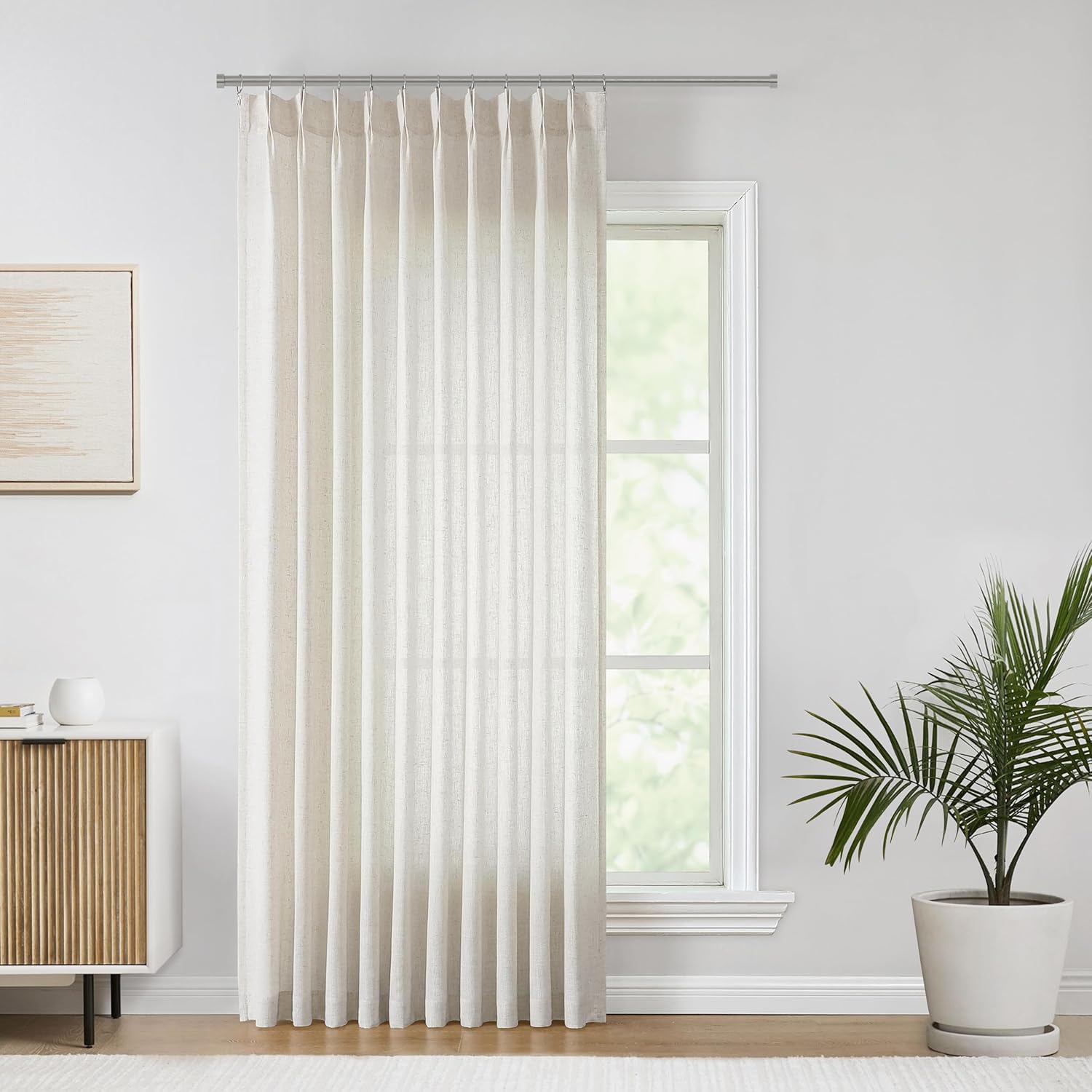 Vision Home Natural Pinch Pleated Semi Sheer Curtains Textured Linen Blended Light Filtering Window Curtains 84 inch for Living Room Bedroom Pinch Pleat Drapes with Hooks 2 Panels 42" Wx84 L