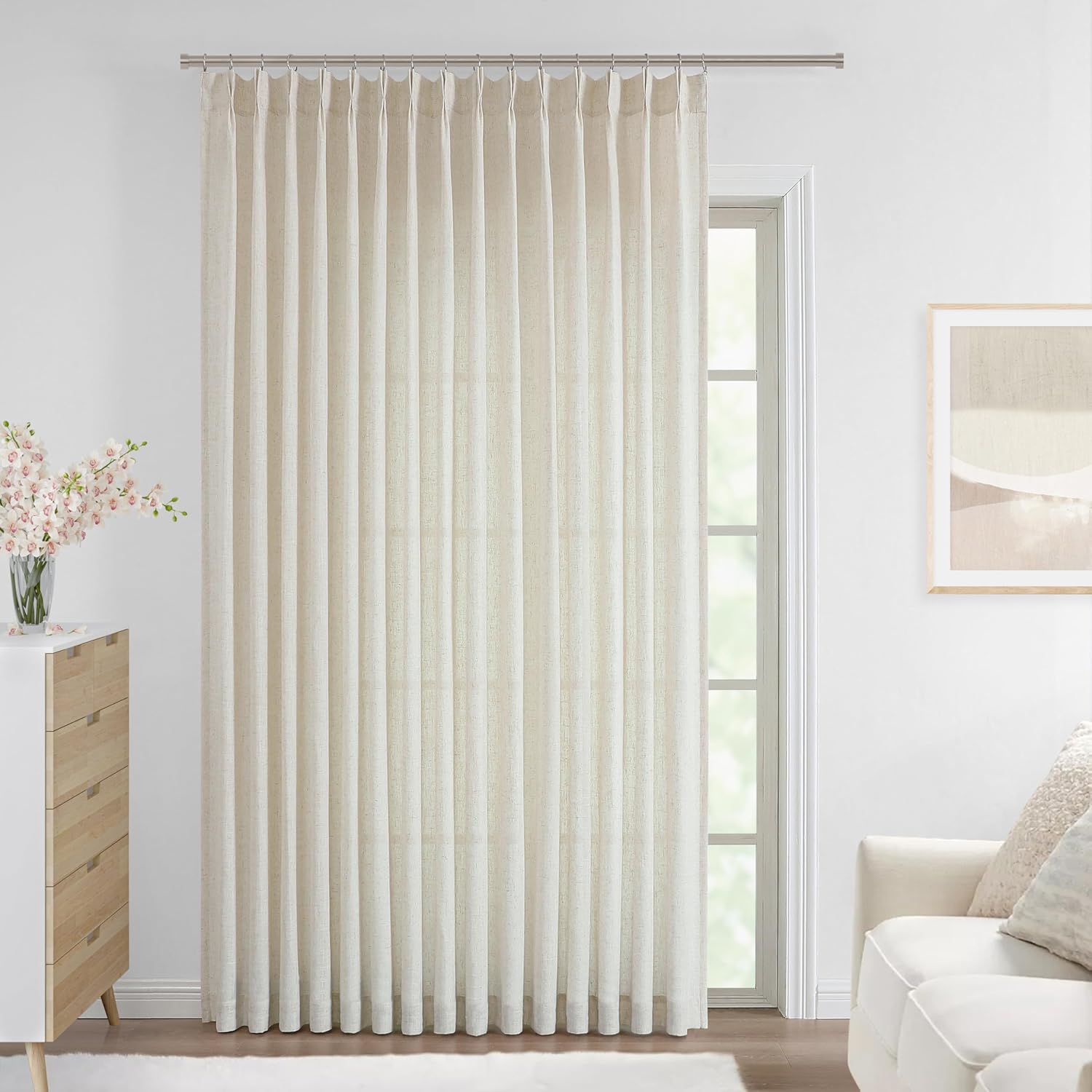 Vision Home Natural Pinch Pleated Semi Sheer Curtains Textured Linen Blended Light Filtering Window Curtains 84 inch for Living Room Bedroom Pinch Pleat Drapes with Hooks 2 Panels 42" Wx84 L