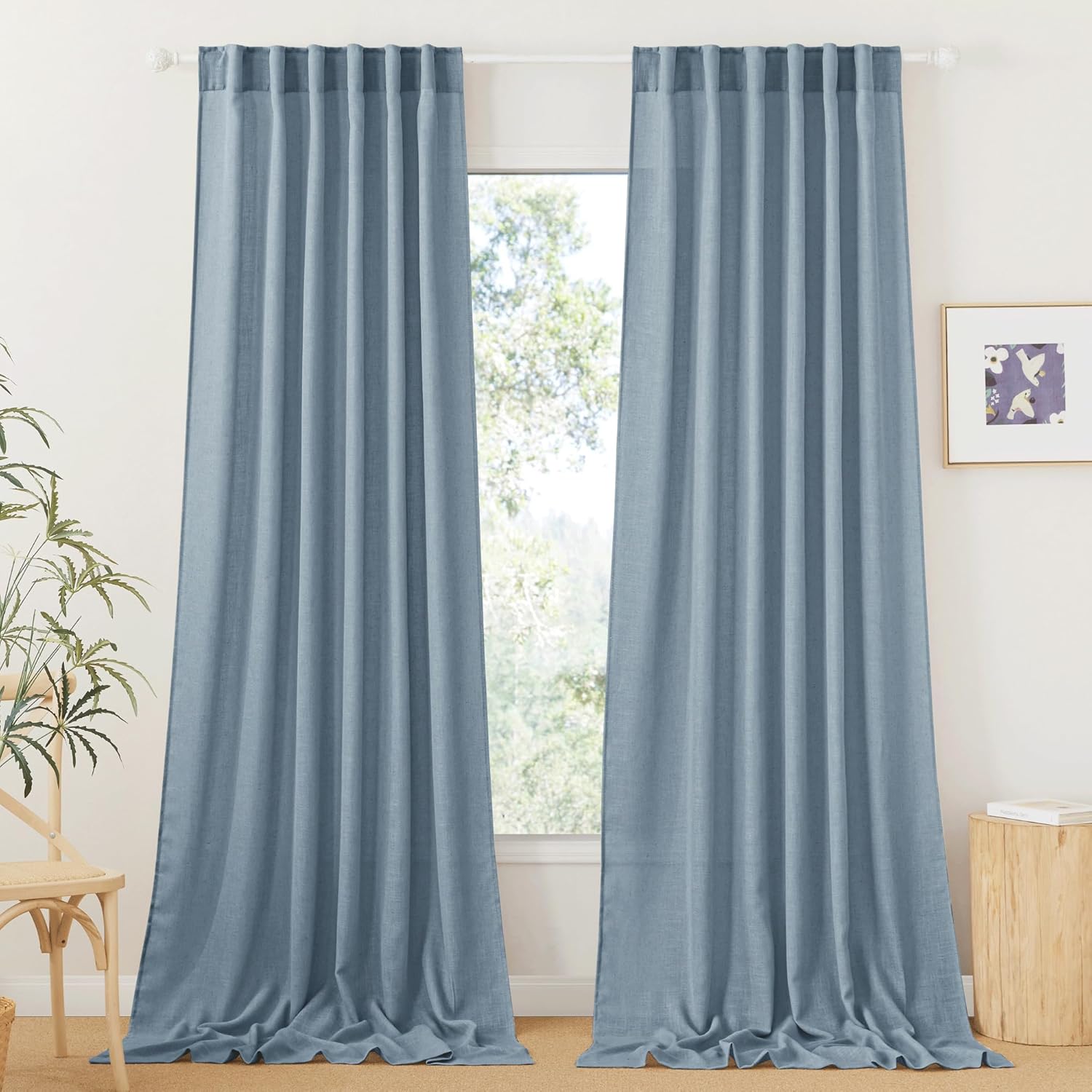 RYB HOME Linen Texture Sheer Curtains 84 inches, Rustic Style Solid Semi Sheer Half Privacy Drapes for Farmhouse Dorm Office Dining, Linen, W 70 x L 84 inches, Set of 2