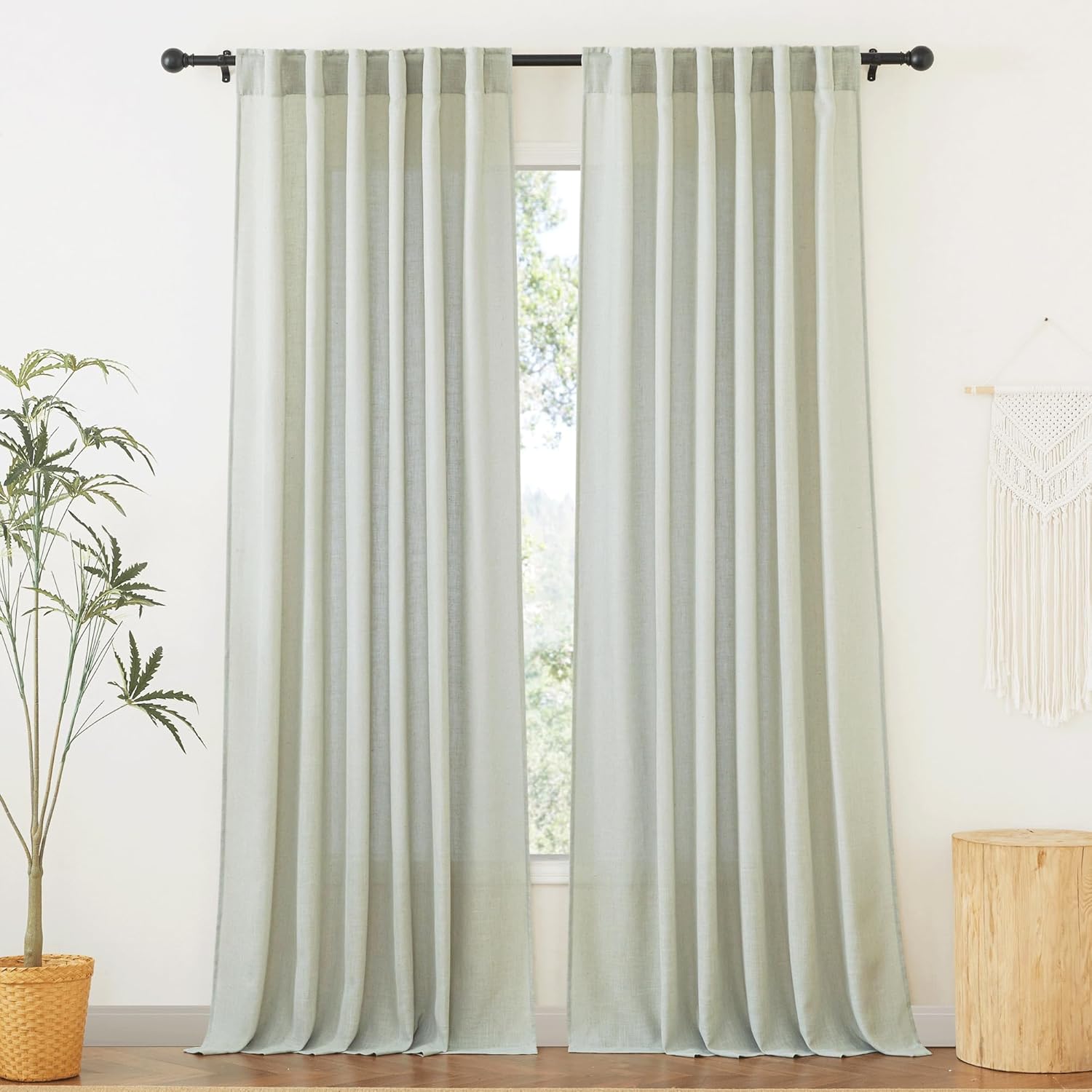 RYB HOME Linen Texture Sheer Curtains 84 inches, Rustic Style Solid Semi Sheer Half Privacy Drapes for Farmhouse Dorm Office Dining, Linen, W 70 x L 84 inches, Set of 2