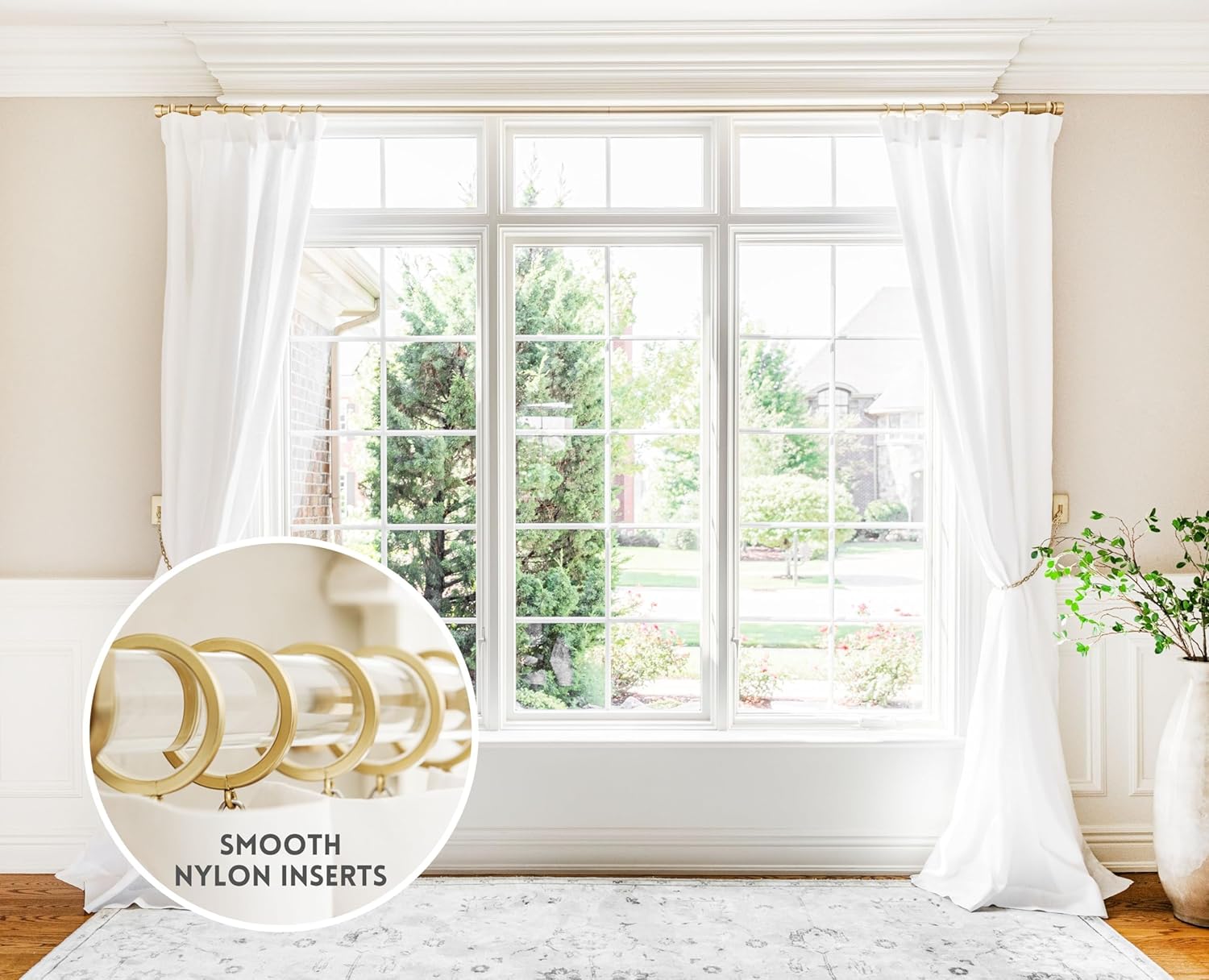 BlastHome® Luxury Curtain Rings - Premium Metal with Quiet, Smooth Nylon Inserts - Pinhooks and Clips Included - 1 1/2" Inside Diameter - 9 Rings for One Standard Curtain - Brushed Gold