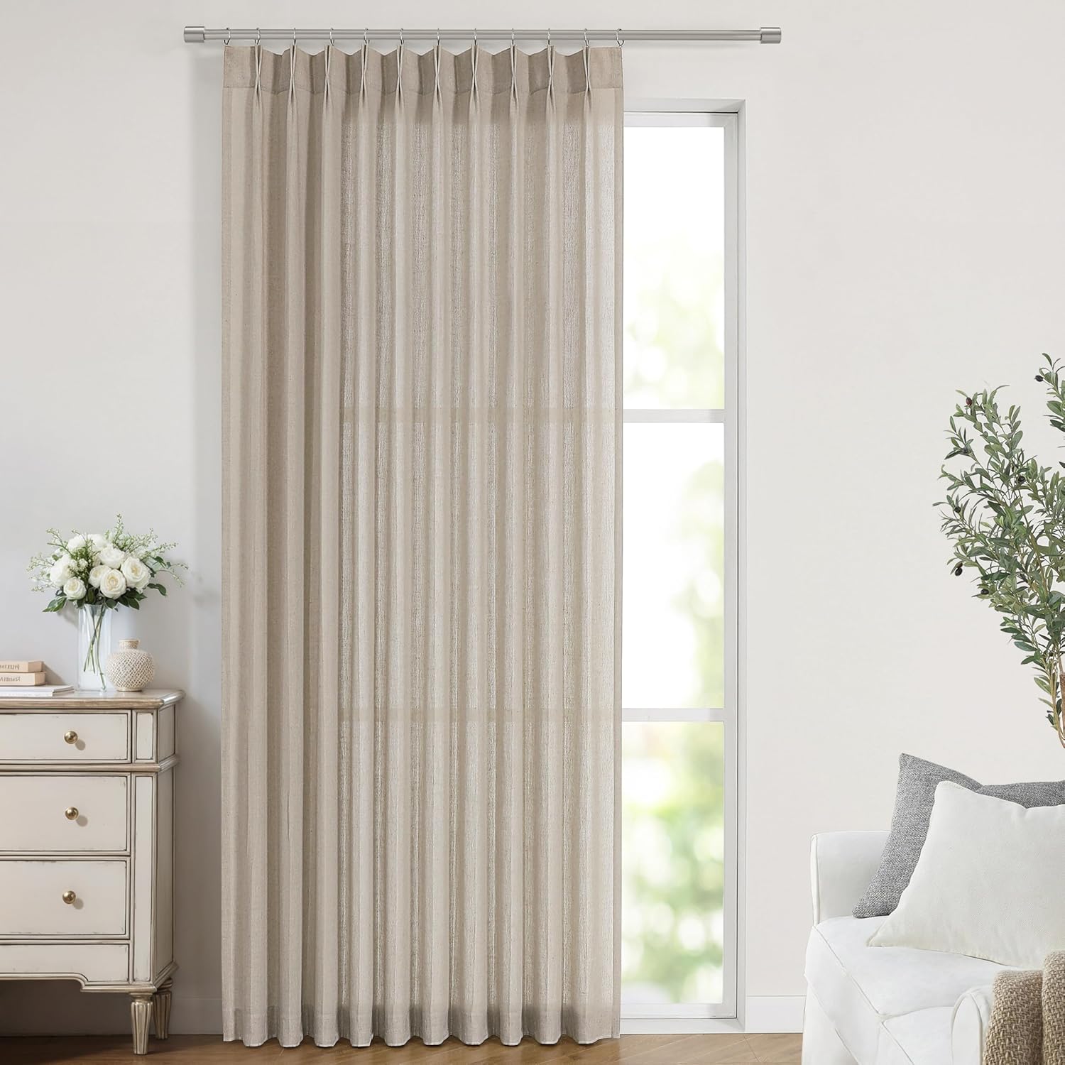 Vision Home Natural Pinch Pleated Semi Sheer Curtains Textured Linen Blended Light Filtering Window Curtains 84 inch for Living Room Bedroom Pinch Pleat Drapes with Hooks 2 Panels 42" Wx84 L