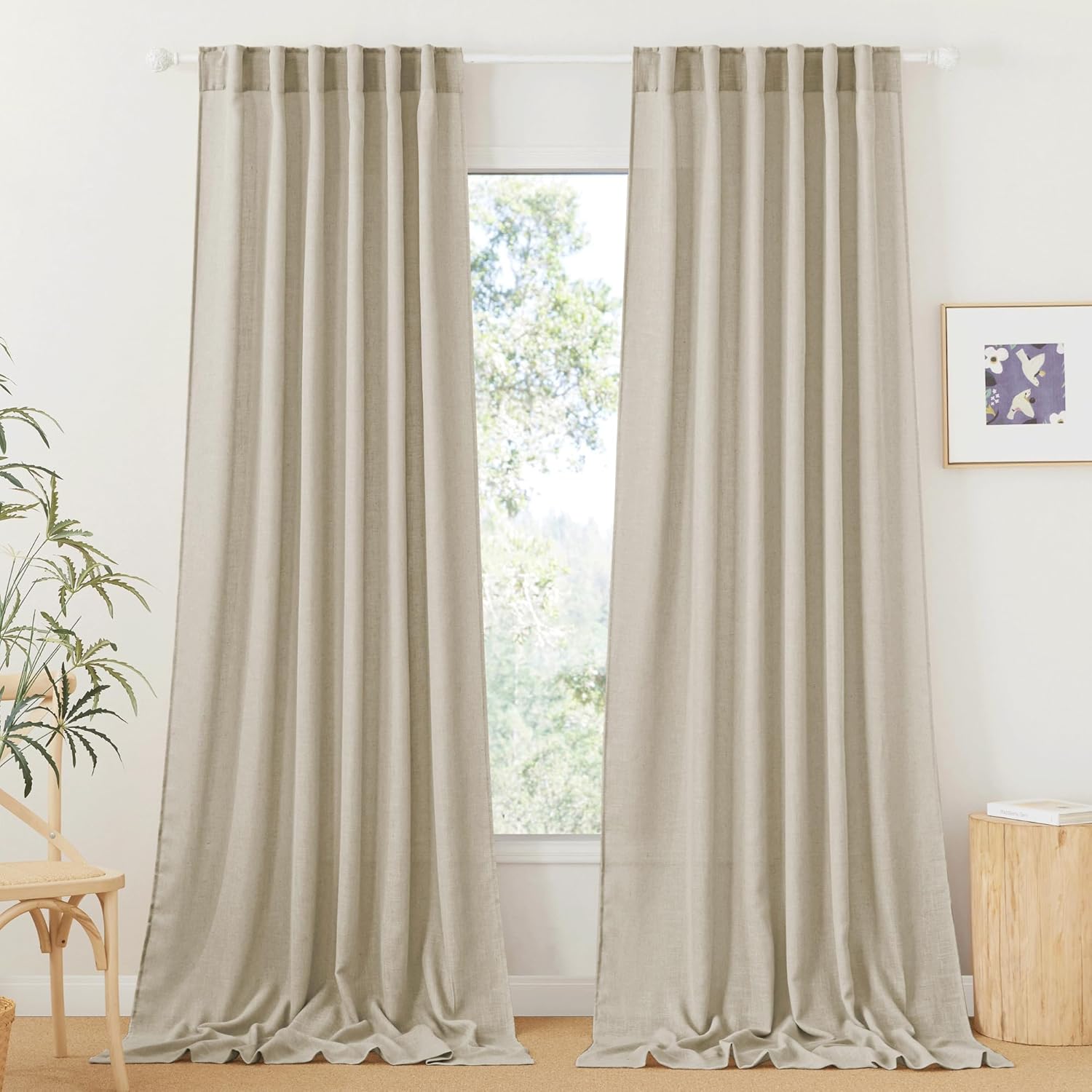 RYB HOME Linen Texture Sheer Curtains 84 inches, Rustic Style Solid Semi Sheer Half Privacy Drapes for Farmhouse Dorm Office Dining, Linen, W 70 x L 84 inches, Set of 2