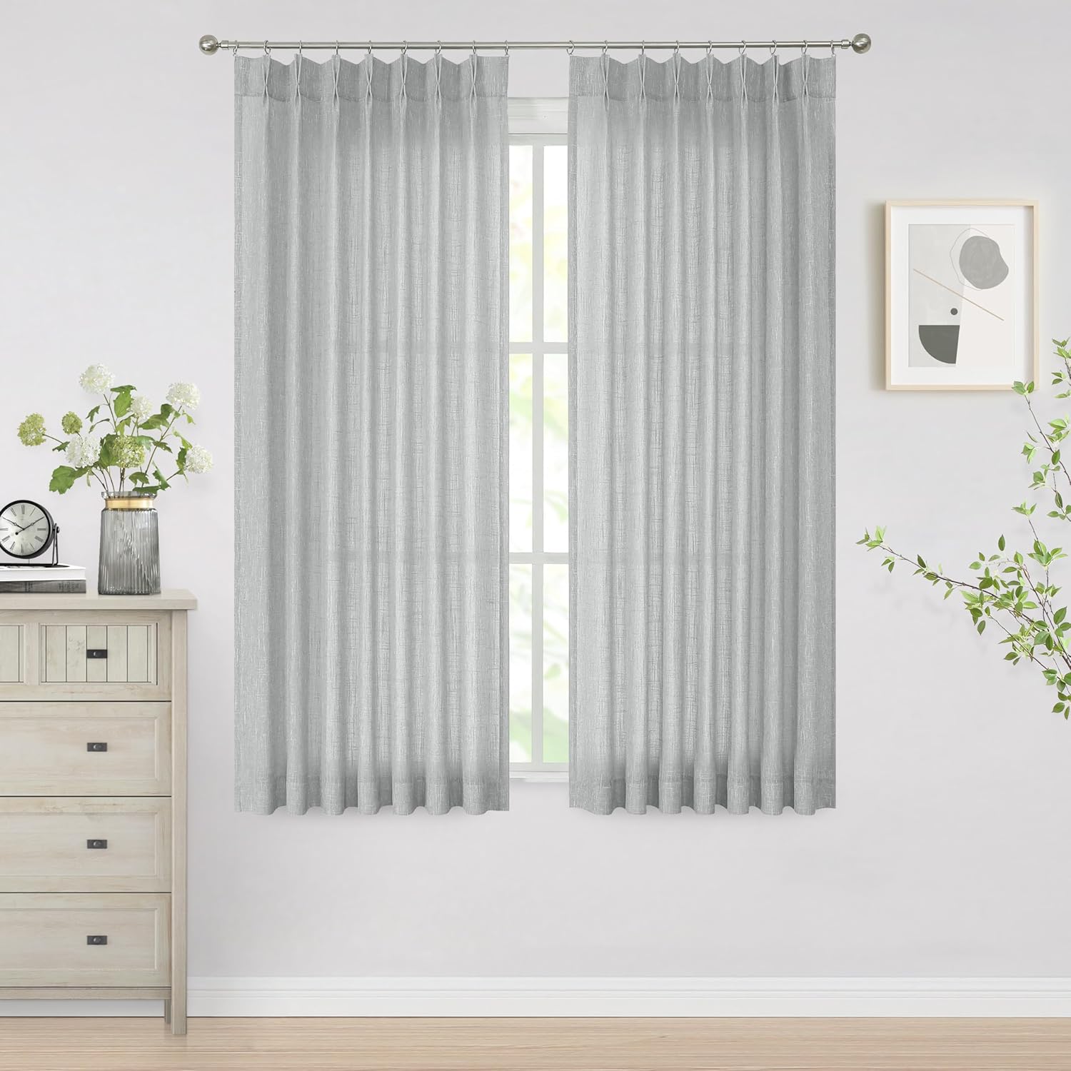 Vision Home Natural Pinch Pleated Semi Sheer Curtains Textured Linen Blended Light Filtering Window Curtains 84 inch for Living Room Bedroom Pinch Pleat Drapes with Hooks 2 Panels 42" Wx84 L