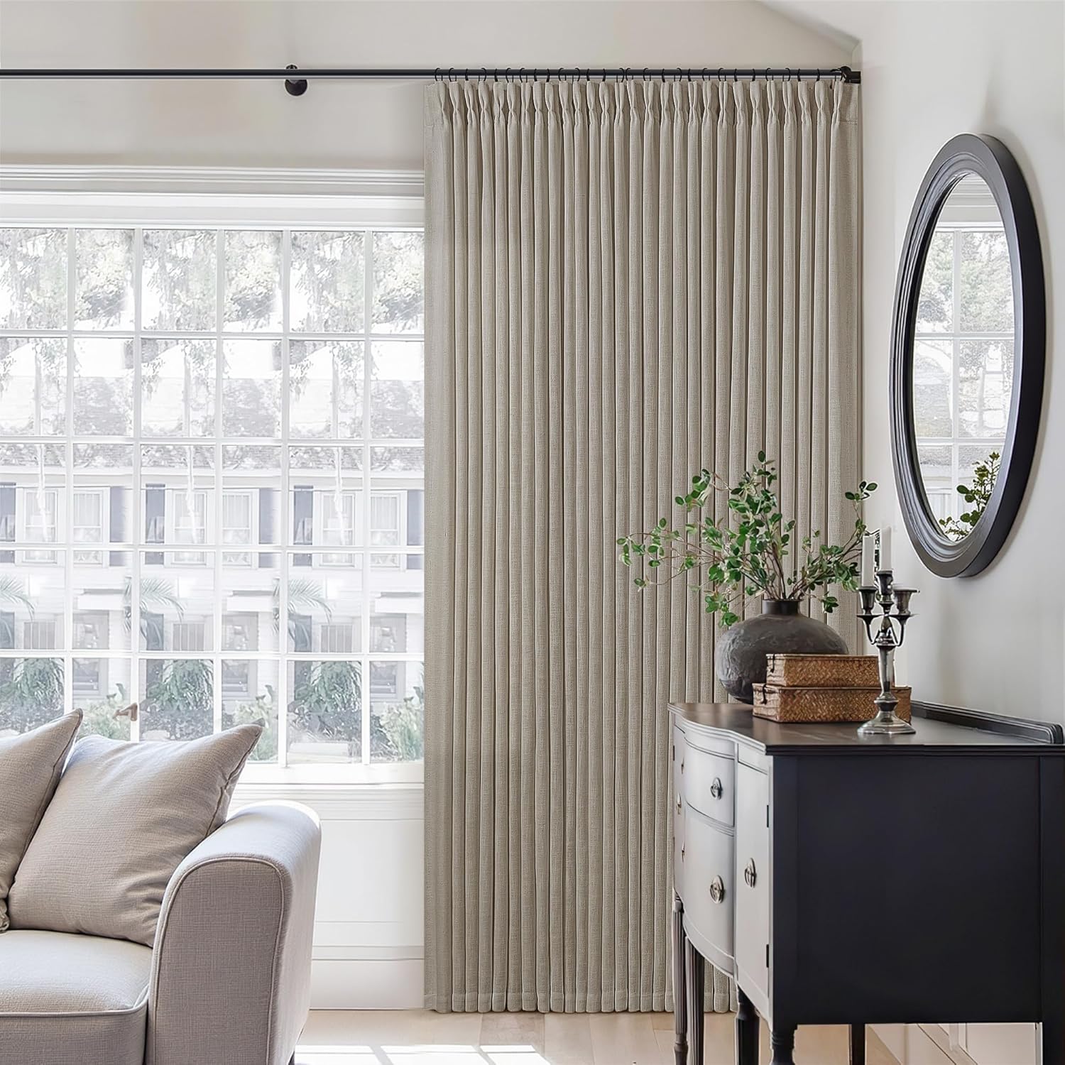 Natural Pinch Pleated Linen Curtains 84 Inch Length 2 Panels for Living Room Bedroom Textured Cream Ivory Birch Semi Sheer Boho Neutral Back Tab Pinch Pleat Hooks Rings Window Curtain 84 Inches Long