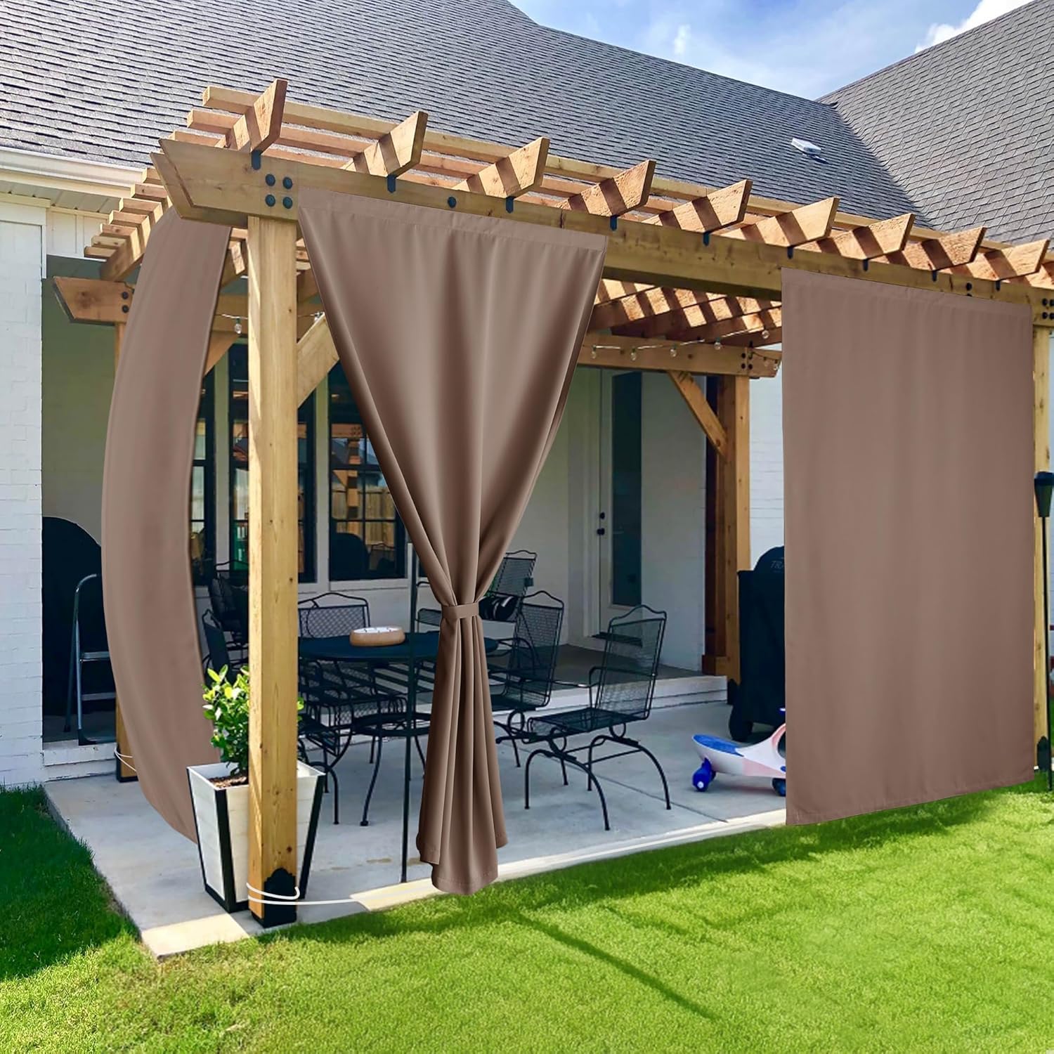 NICETOWN 100% Blackout Outdoor Curtains for Patio 2 Panels, Faux Linen Waterproof & Windproof Gazebo Curtains with Sticky-Back Top & Back Tab Bottom, Includes Straps, Rope, Screws, W52 xL96, Grey