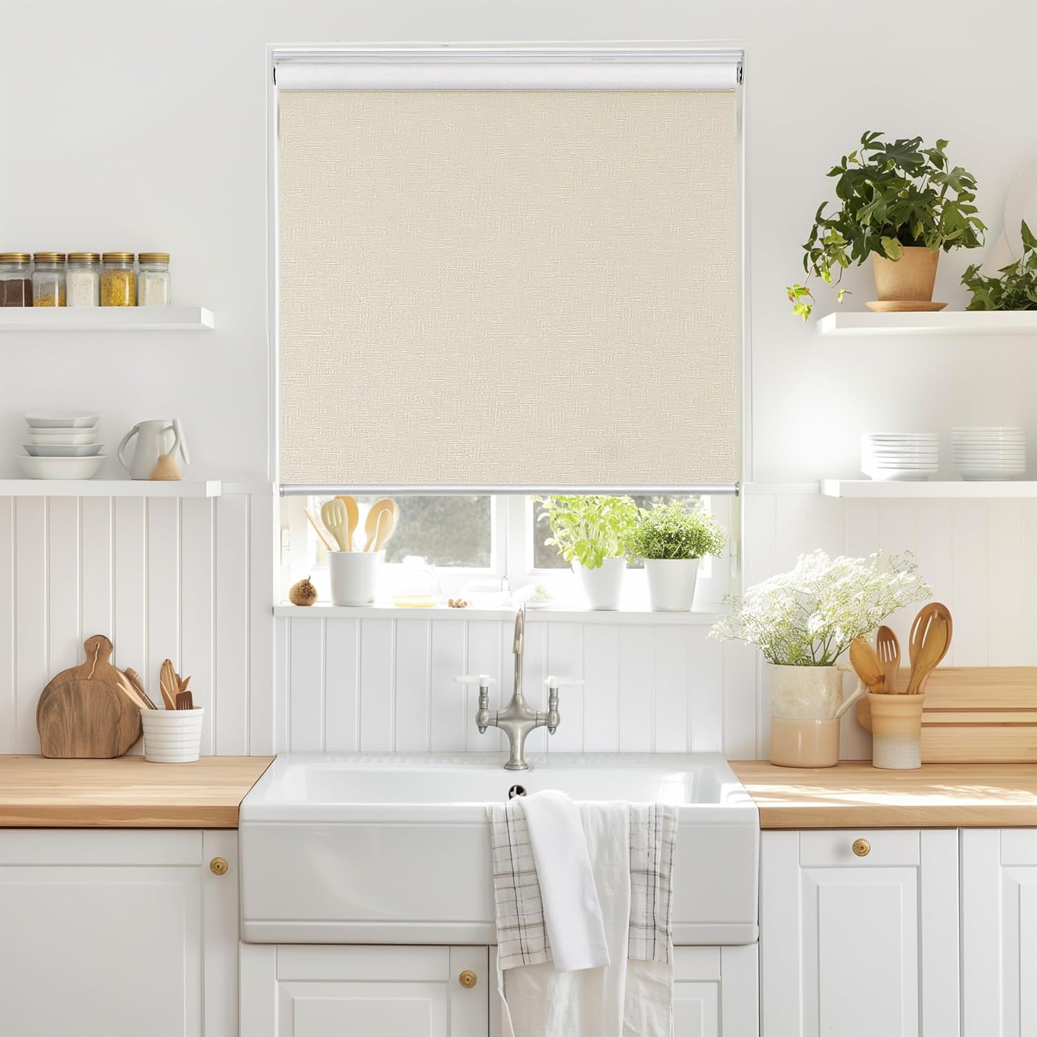 ChrisDowa Cordless 100% Blackout Roller Shade Thermal Insulated UV Protection with Striped Jacquard Fabric White Blackout Blinds for Indoor Window Shades Pull Down for Home and Office, 22" W x 72" H