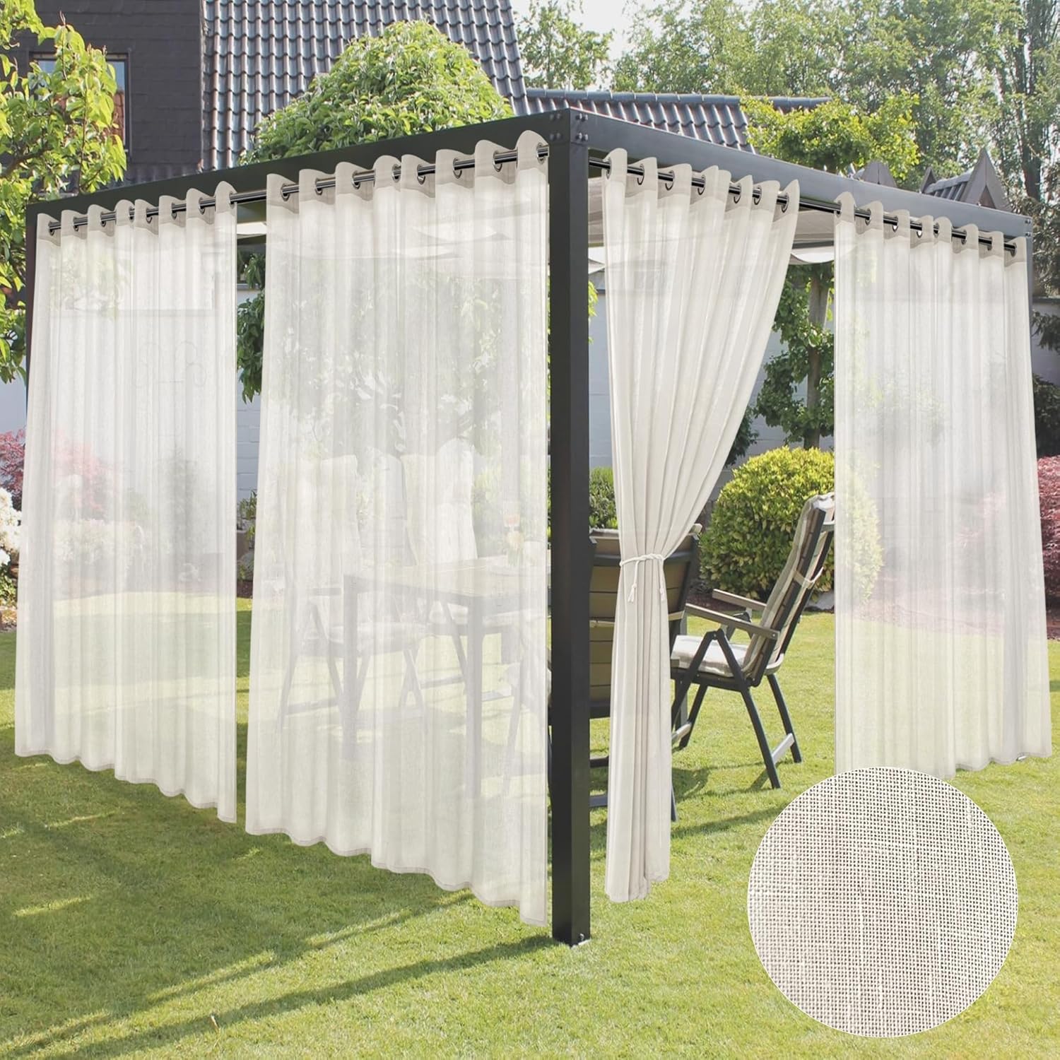 HolidayIdeas 4 Panels Outdoor Curtains for Patio-Linen Semi White Sheer Curtains for Patio Waterproof, Privacy Sun Light Indoor Outside Drapes for Gazebo, Pergola, Balcony, Pool, Backyard 54x95 Inch