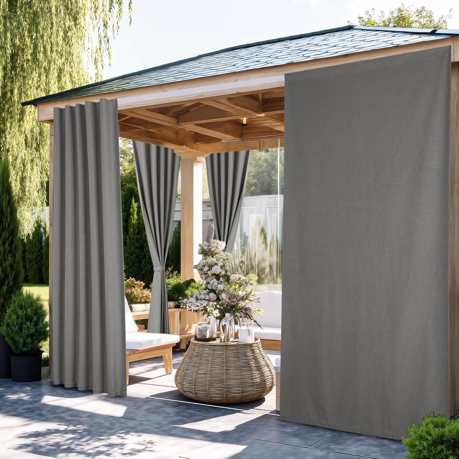 NICETOWN 100% Blackout Outdoor Curtains for Patio 2 Panels, Faux Linen Waterproof & Windproof Gazebo Curtains with Sticky-Back Top & Back Tab Bottom, Includes Straps, Rope, Screws, W52 xL96, Grey