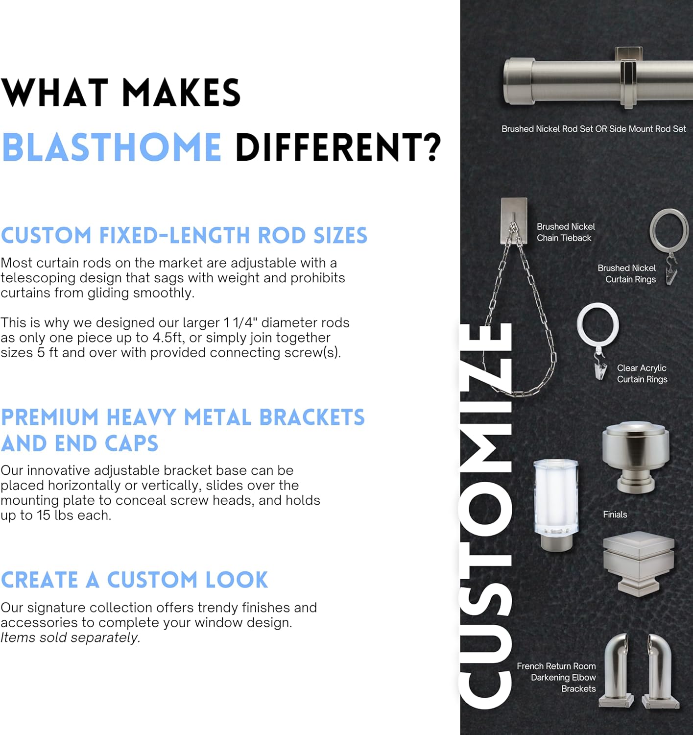 BlastHome® Luxury Curtain Rings – Premium Metal with Quiet, Smooth Nylon Inserts – Pinhooks and Clips Included – 1 1/2" Inside Diameter – 18 Rings for Two Standard Curtains– Brushed Nickel