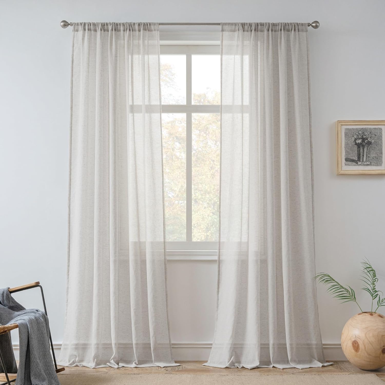 FMFUNCTEX Linen Sheer Pinch Pleated Curtains for Living Room, Linen Flax Beige 96 Inches Long Sheer Curtain Panels for Bedroom, Natural Back Tab Window Drapes for Farmhouse, Rod Pocket 2 Panels