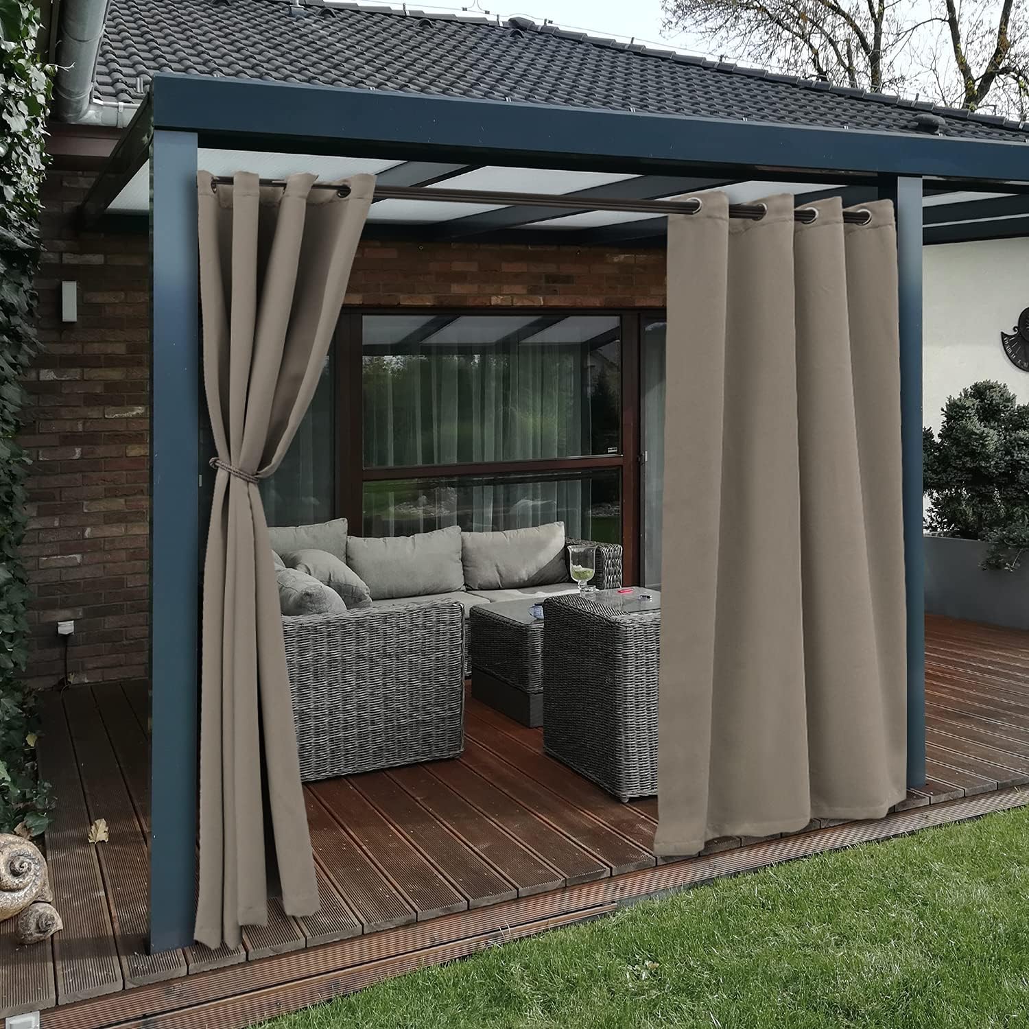 BONZER Waterproof Indoor/Outdoor Curtains for Patio - Thermal Insulated, Sun Blocking Grommet Blackout Curtains for Bedroom, Porch, Living Room, Pergola, Cabana, 2 Panels, 52 x 84 inch, Vintage Linen