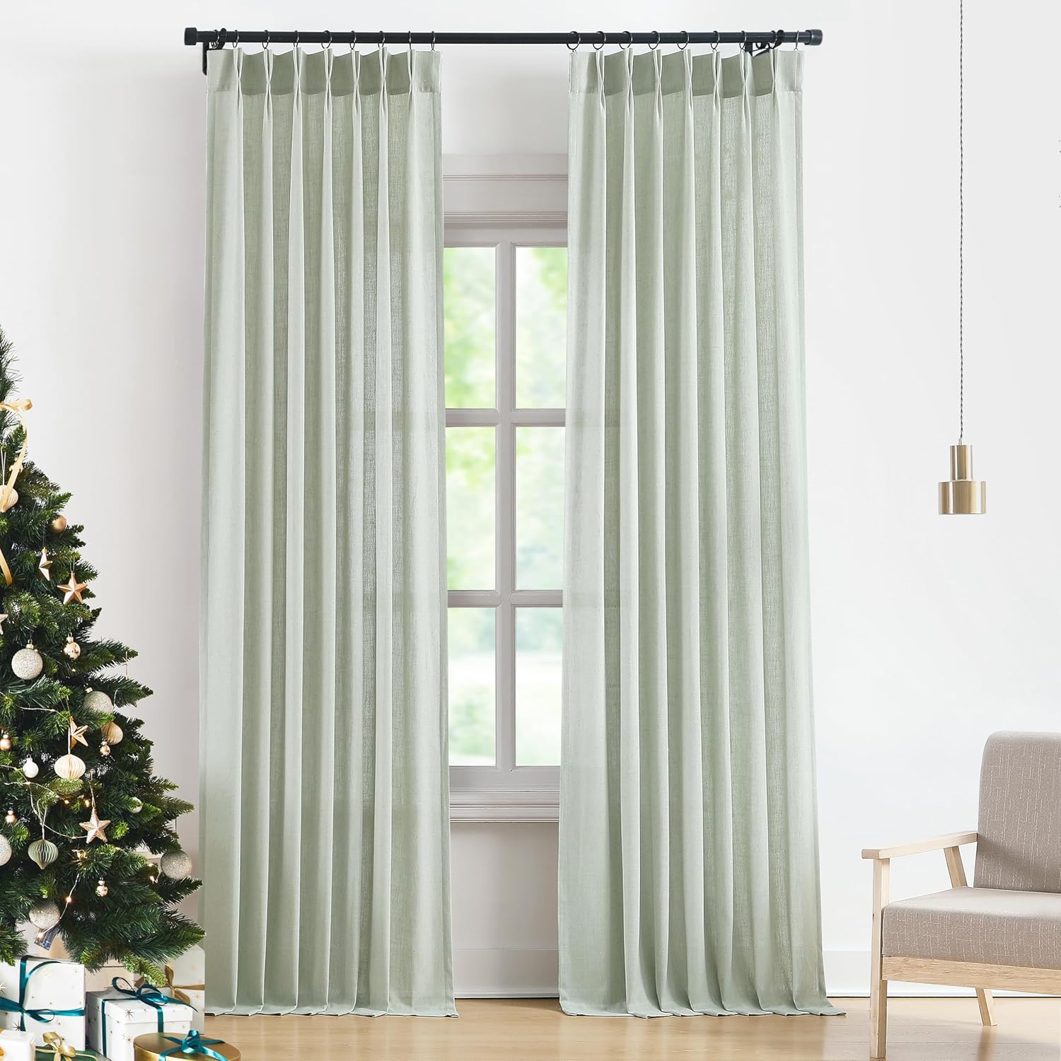 Vision Home Natural Pinch Pleated Semi Sheer Curtains Textured Linen Blended Light Filtering Window Curtains 84 inch for Living Room Bedroom Pinch Pleat Drapes with Hooks 2 Panels 42" Wx84 L