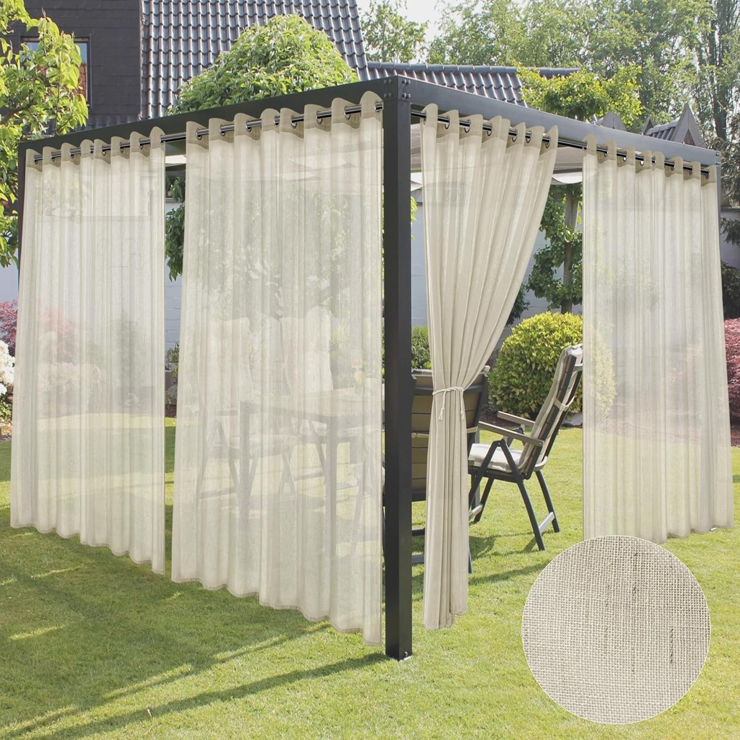 HolidayIdeas 4 Panels Outdoor Sheer Curtains for Patio Waterproof-Ivory Linen Semi Voile Indoor Sheer Curtains, Light Filtering Privacy Drapes for Living Room, Gazebo, Porch, Balcony, Pool 54"x84"