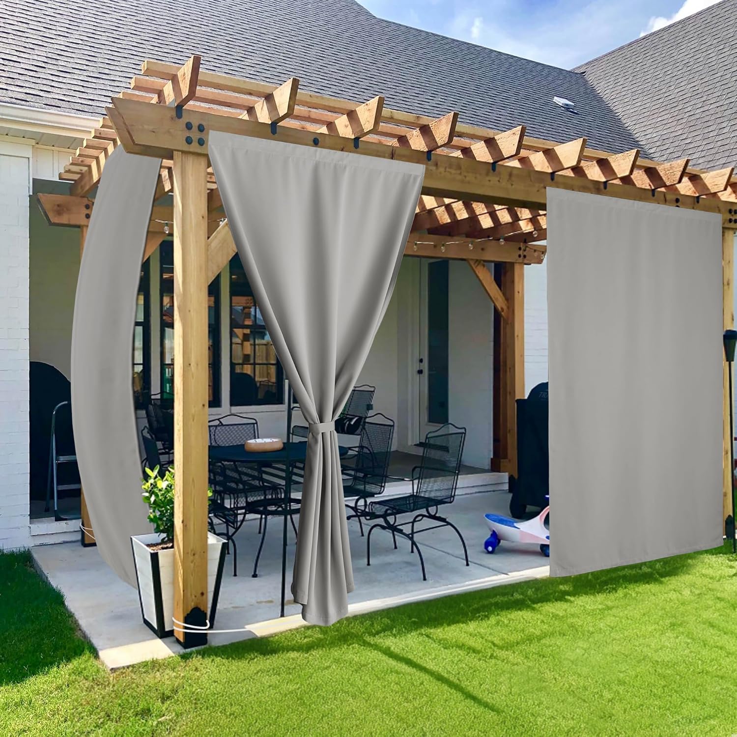 NICETOWN 100% Blackout Outdoor Curtains for Patio 2 Panels, Faux Linen Waterproof & Windproof Gazebo Curtains with Sticky-Back Top & Back Tab Bottom, Includes Straps, Rope, Screws, W52 xL96, Grey