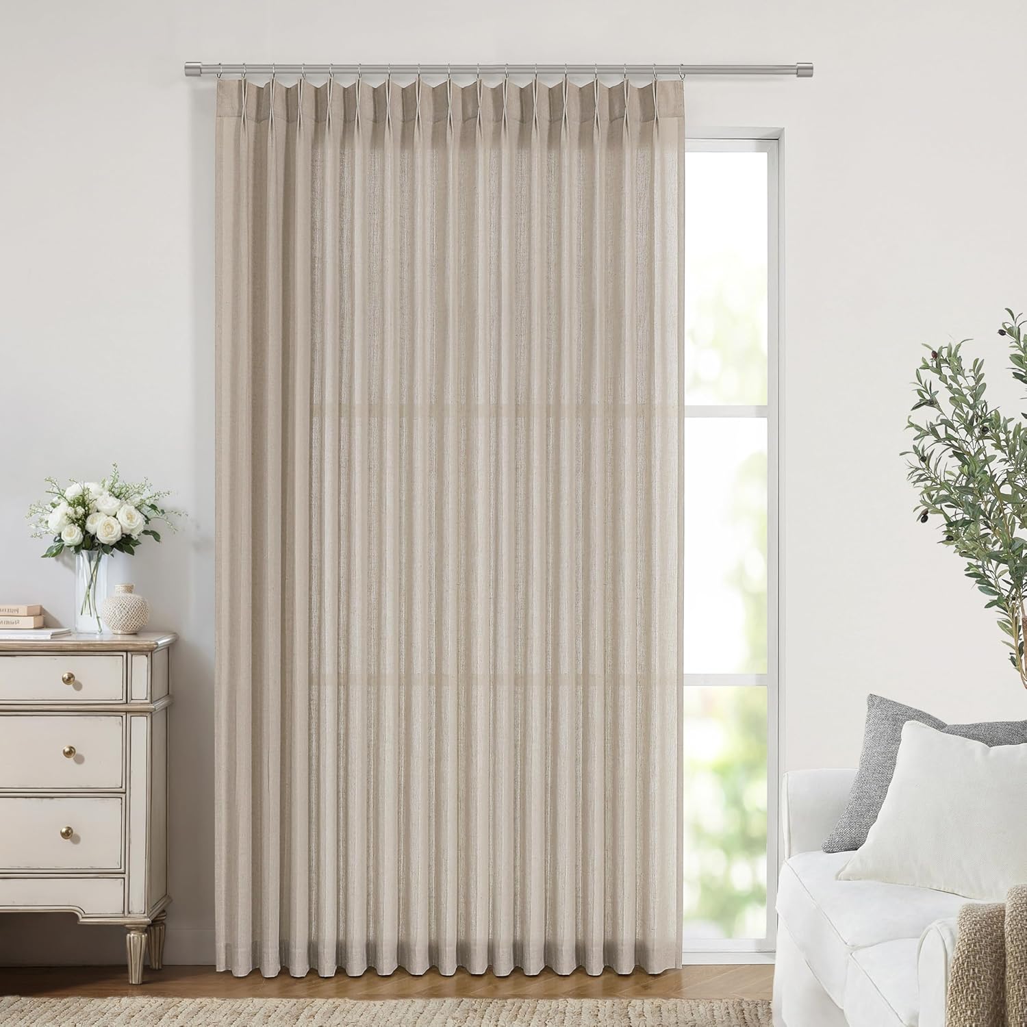 Vision Home Natural Pinch Pleated Semi Sheer Curtains Textured Linen Blended Light Filtering Window Curtains 84 inch for Living Room Bedroom Pinch Pleat Drapes with Hooks 2 Panels 42" Wx84 L