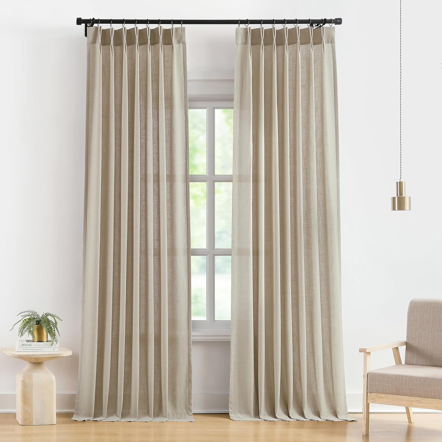 Vision Home Natural Pinch Pleated Semi Sheer Curtains Textured Linen Blended Light Filtering Window Curtains 84 inch for Living Room Bedroom Pinch Pleat Drapes with Hooks 2 Panels 42" Wx84 L