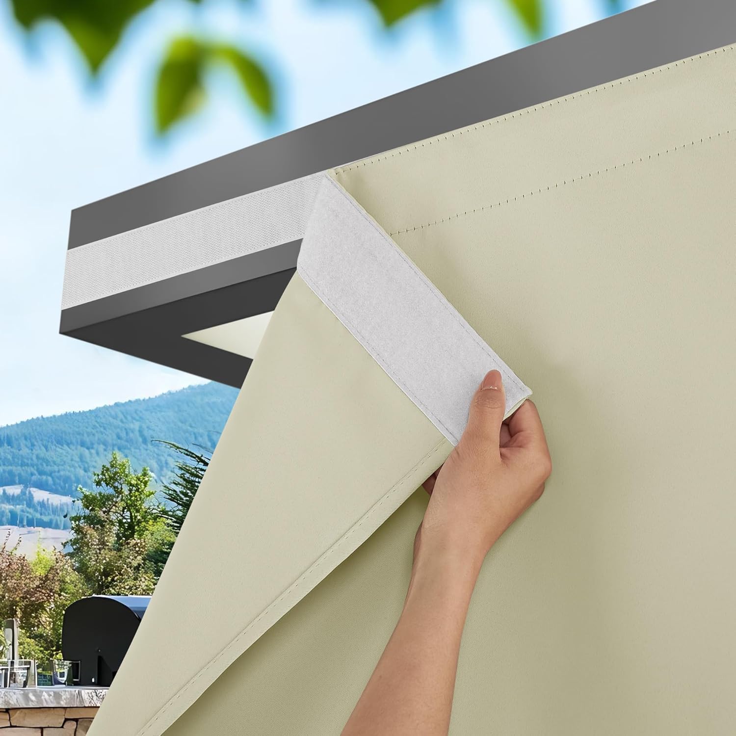 NICETOWN 100% Blackout Outdoor Curtains for Patio 2 Panels, Faux Linen Waterproof & Windproof Gazebo Curtains with Sticky-Back Top & Back Tab Bottom, Includes Straps, Rope, Screws, W52 xL96, Grey