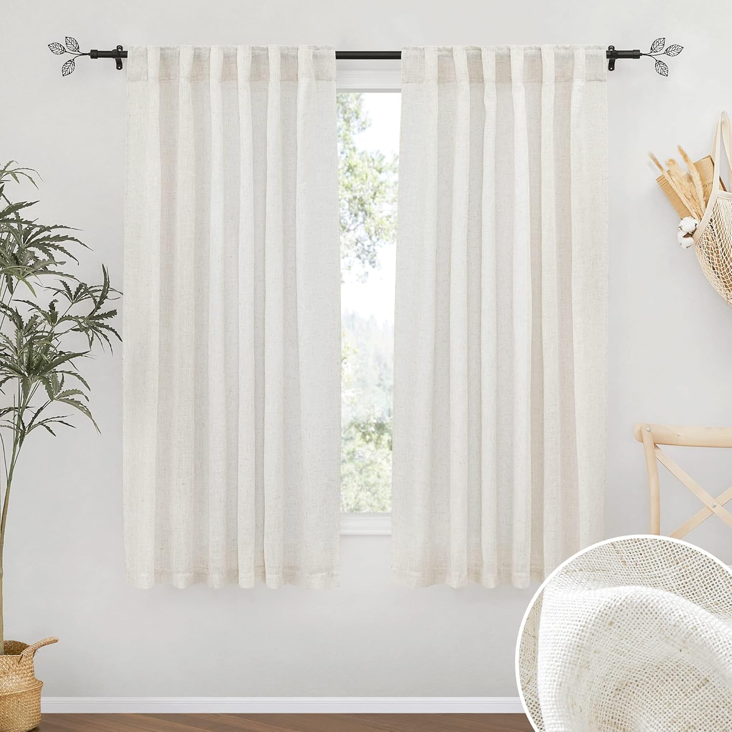 RYB HOME Linen Texture Sheer Curtains 84 inches, Rustic Style Solid Semi Sheer Half Privacy Drapes for Farmhouse Dorm Office Dining, Linen, W 70 x L 84 inches, Set of 2
