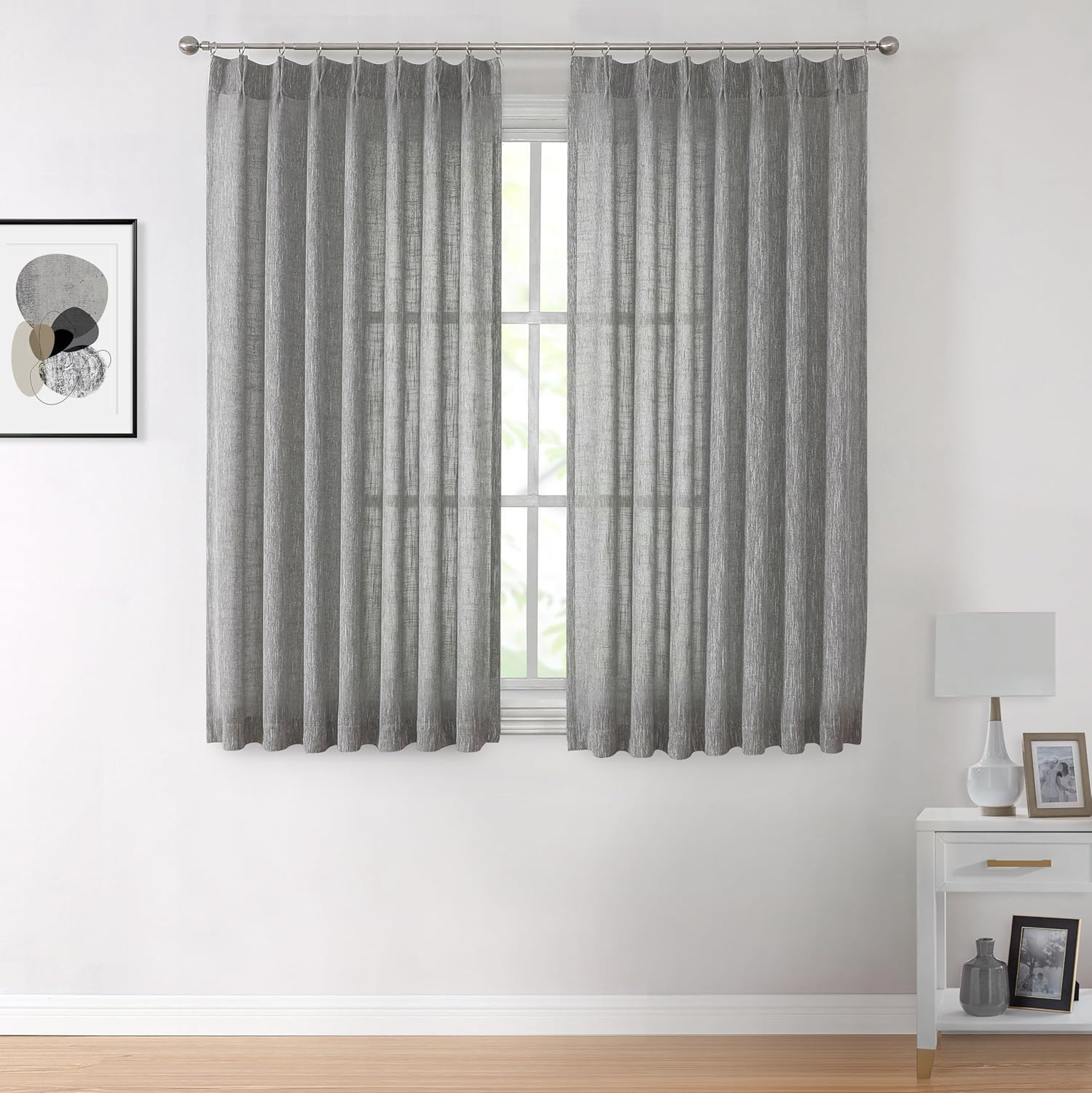 Vision Home Natural Pinch Pleated Semi Sheer Curtains Textured Linen Blended Light Filtering Window Curtains 84 inch for Living Room Bedroom Pinch Pleat Drapes with Hooks 2 Panels 42" Wx84 L