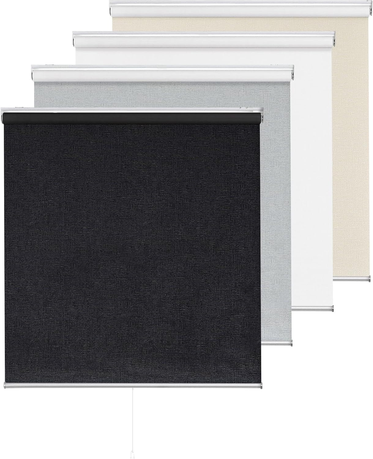 ChrisDowa Cordless 100% Blackout Roller Shade Thermal Insulated UV Protection with Striped Jacquard Fabric White Blackout Blinds for Indoor Window Shades Pull Down for Home and Office, 22" W x 72" H