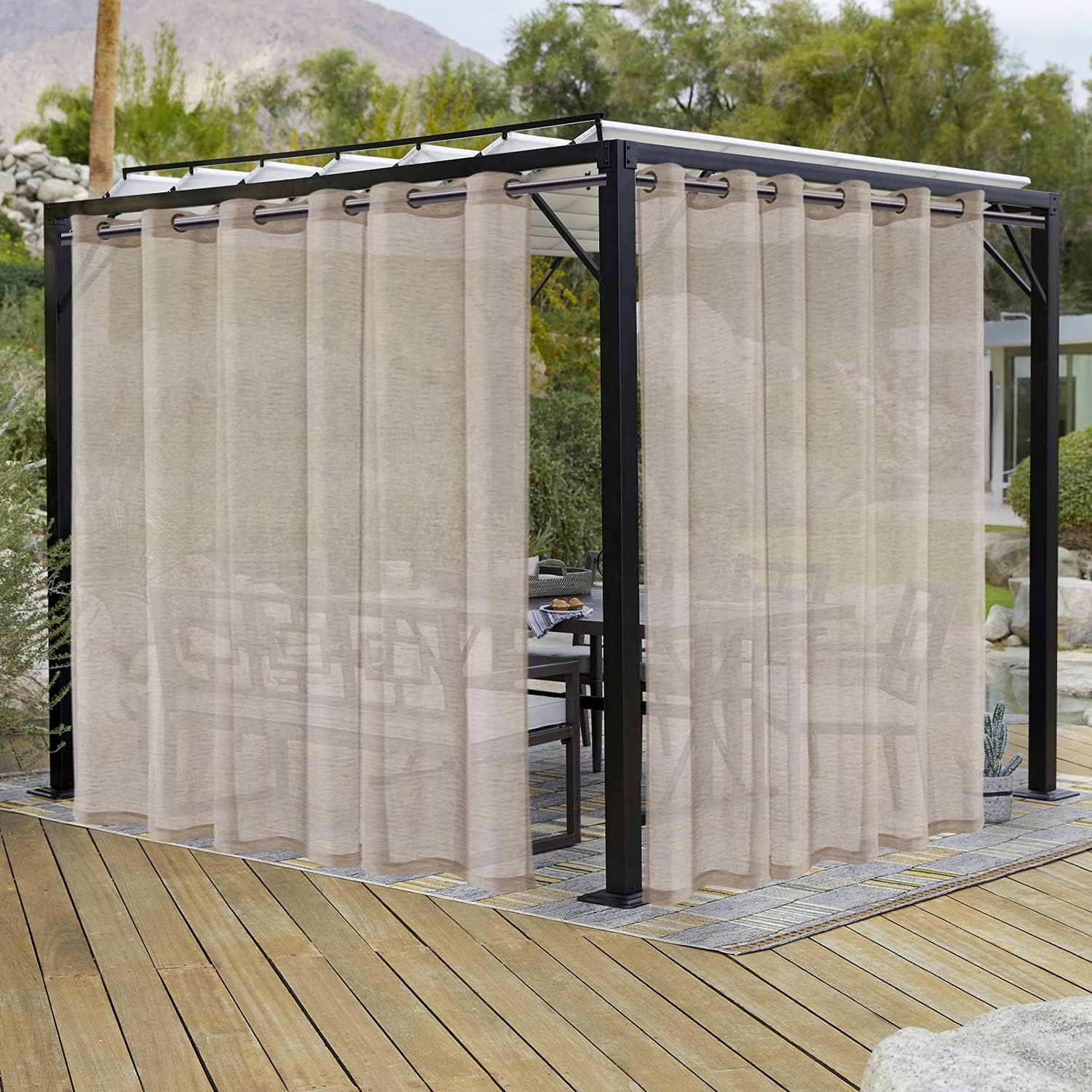 LORDTEX Burlap Linen Look Outdoor Curtains for Patio - 2 Panels Waterproof Sheer Curtains for Pergola, Porch, Cabana and Gazebo Grommet Indoor/Outdoor Voile Sheer Drapes (100 x 120 inch, Ivory)