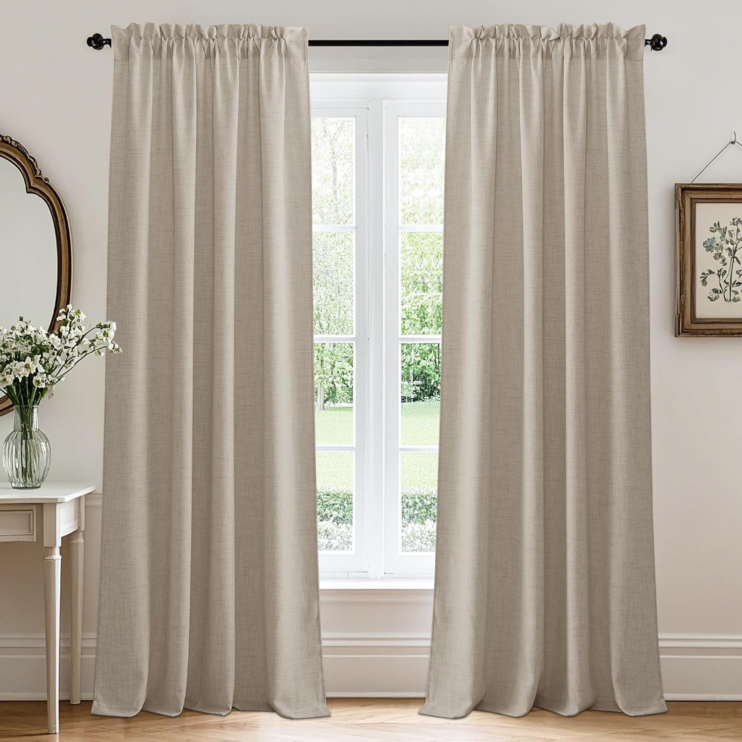 RYB HOME Linen Texture Sheer Curtains 84 inches, Rustic Style Solid Semi Sheer Half Privacy Drapes for Farmhouse Dorm Office Dining, Linen, W 70 x L 84 inches, Set of 2