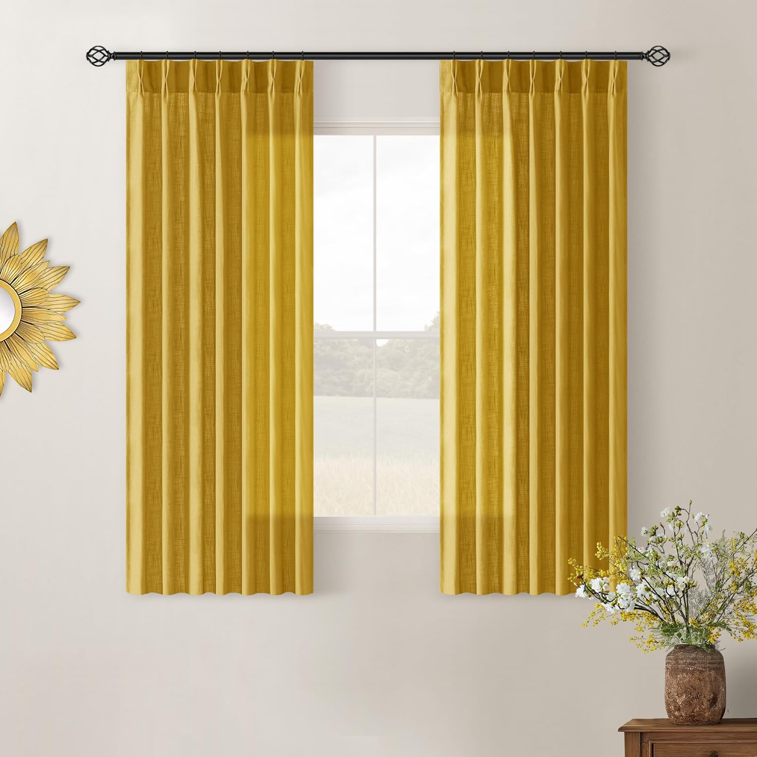 Natural Pinch Pleated Linen Curtains 84 Inch Length 2 Panels for Living Room Bedroom Textured Cream Ivory Birch Semi Sheer Boho Neutral Back Tab Pinch Pleat Hooks Rings Window Curtain 84 Inches Long