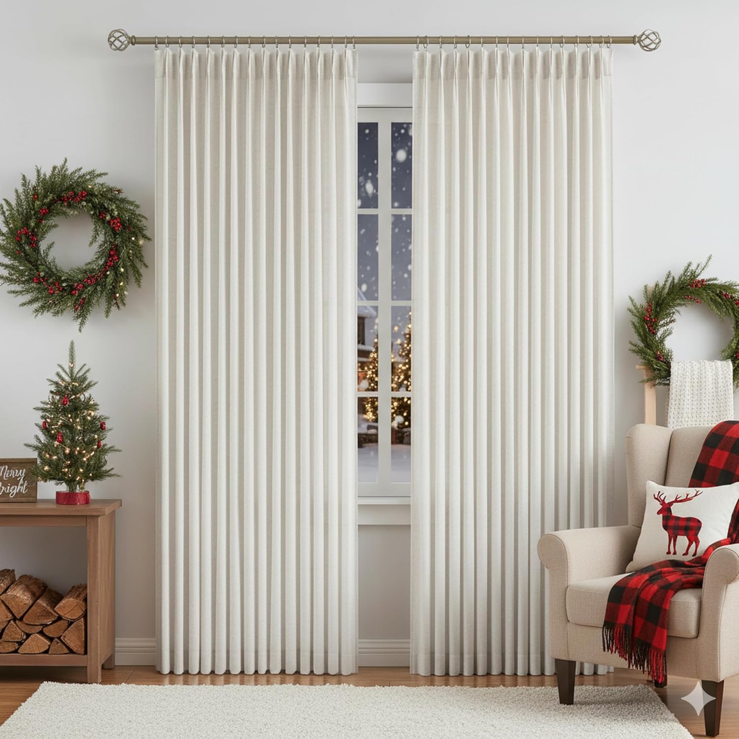 Vision Home Natural Pinch Pleated Semi Sheer Curtains Textured Linen Blended Light Filtering Window Curtains 84 inch for Living Room Bedroom Pinch Pleat Drapes with Hooks 2 Panels 42" Wx84 L