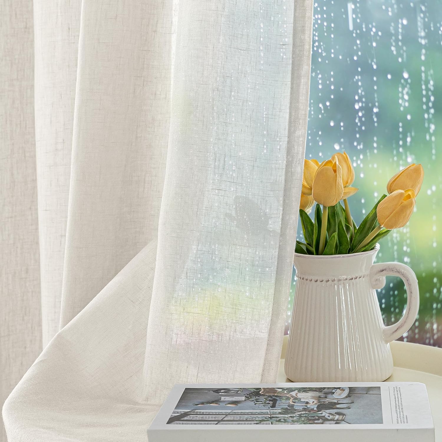 HolidayIdeas 4 Panels Outdoor Sheer Curtains for Patio Waterproof-Ivory Linen Semi Voile Indoor Sheer Curtains, Light Filtering Privacy Drapes for Living Room, Gazebo, Porch, Balcony, Pool 54"x84"