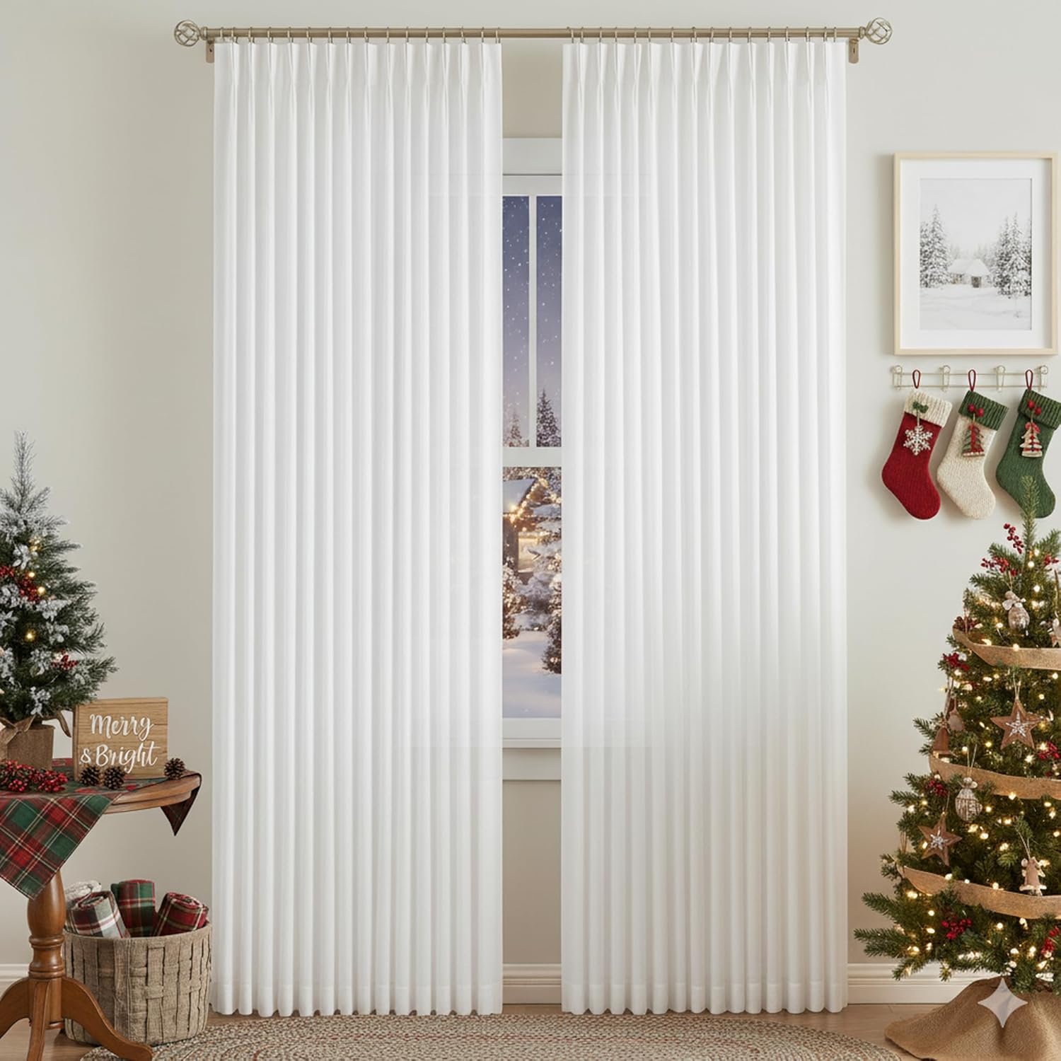 Vision Home Natural Pinch Pleated Semi Sheer Curtains Textured Linen Blended Light Filtering Window Curtains 84 inch for Living Room Bedroom Pinch Pleat Drapes with Hooks 2 Panels 42" Wx84 L